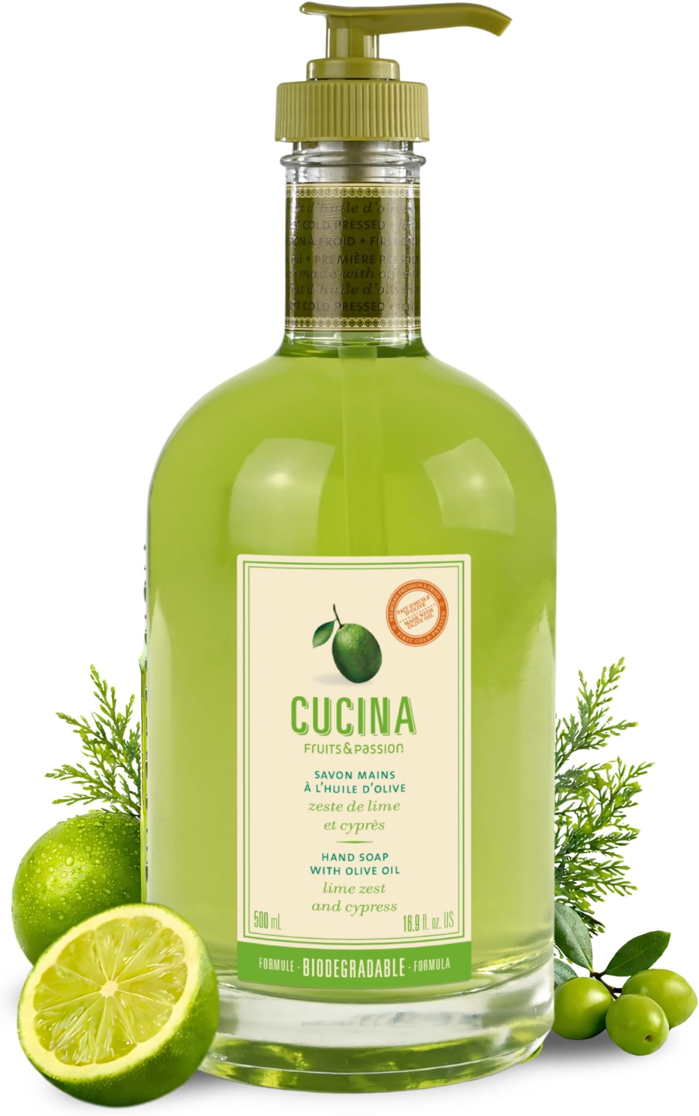 Fruits & Passion Kitchen Hand Soap, Lime Zest & Cypress, Natural Liquid Soap with Cold-Pressed Olive Oil, Moisturizing Formula in Refillable Glass Hand Soap Dispenser, 16.9 fl oz
