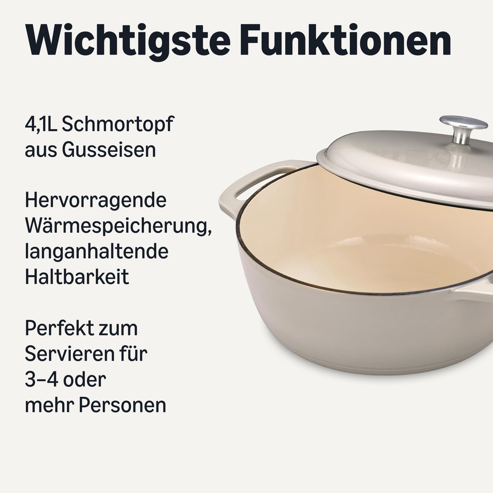 Amazon Basics Schmortopf Rund aus Emailliertem Gusseisen mit Deckel, 4,1 L, Leinengrau