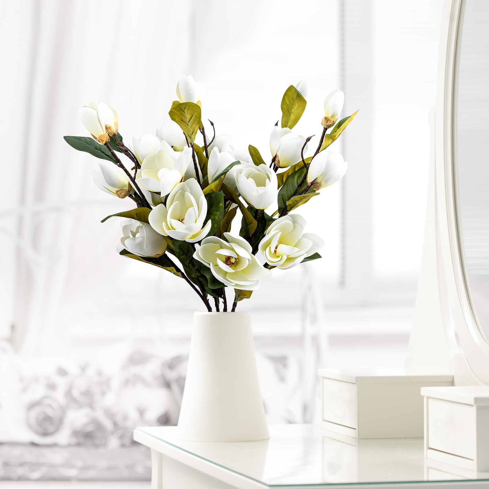 OBDXZHC 2 PCS 41inch Artificial Magnolia Flowers 3D Real Touch 8 Heads Faux Magnolia Flowers Realistic Long Stem with Green Leaves for Home Wedding