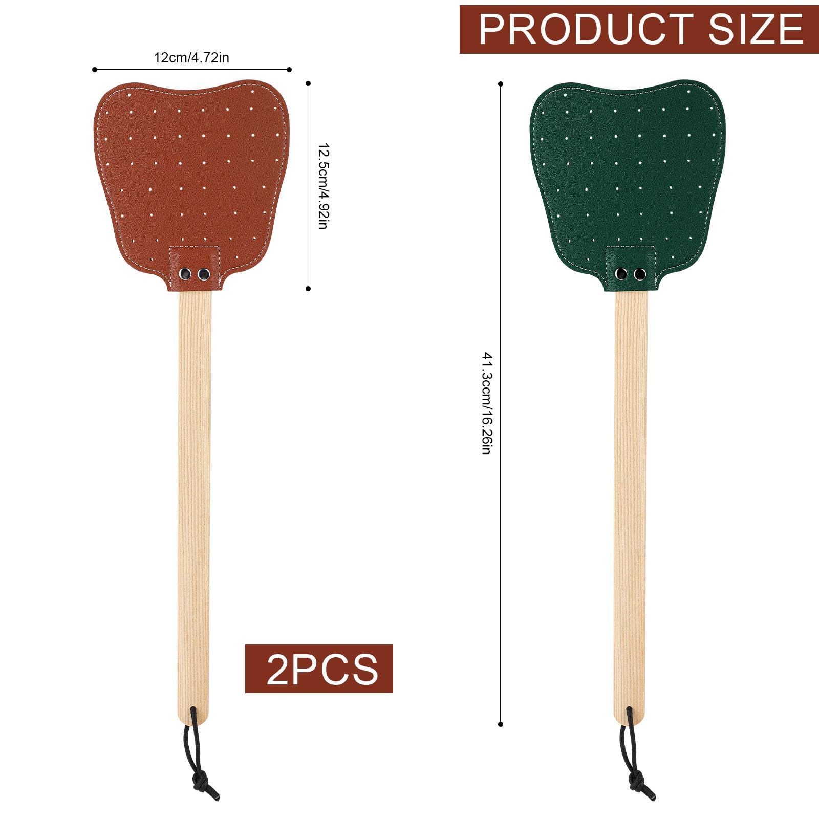 2pcs Leather Fly Swatters, Long Wooden Handle Manual Fly Swatters with Hanging Rope Heavy Duty Practical Leather Fly Swatters Indoors for Fly Mosquitoes Bees(Brown, Dark Green) - Image 2