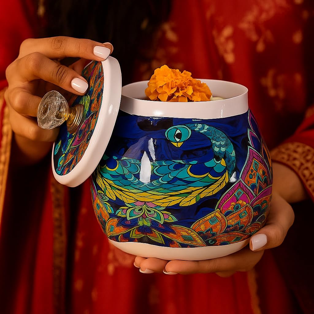 Pichwai Peacock Decorative Jar with Crystal Knob Lid – Handcrafted Ceramic Jar with Multicolor Art Design for Home Décor, Kitchen, and Table Display