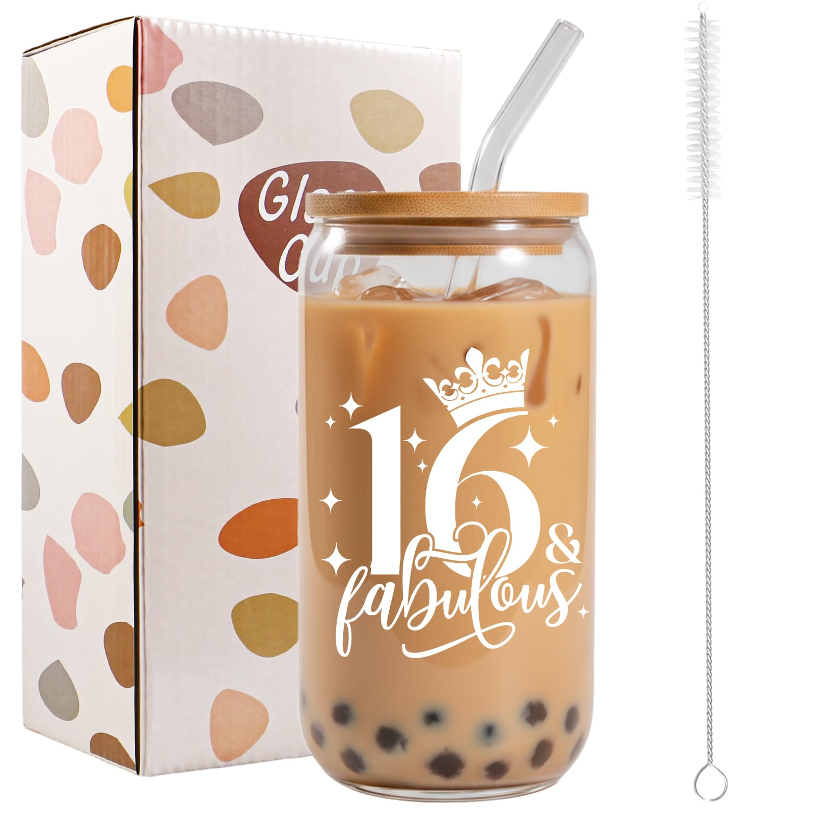 Bliceon 16th Birthday Gifts for Girls, 16th Birthday Iced Coffee Cup, 16oz Glass Cups with Lids and Straws for Daughter, Sister, Best Friend, Granddaughter, 16 Year Old Girl