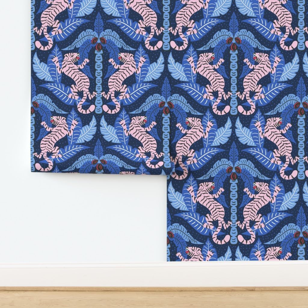 Removable Wallpaper 6ft x 2ft - Tiger Damask Pink Blue Jungle Tropical Custom Pre-Pasted Wallpaper by Spoonflower