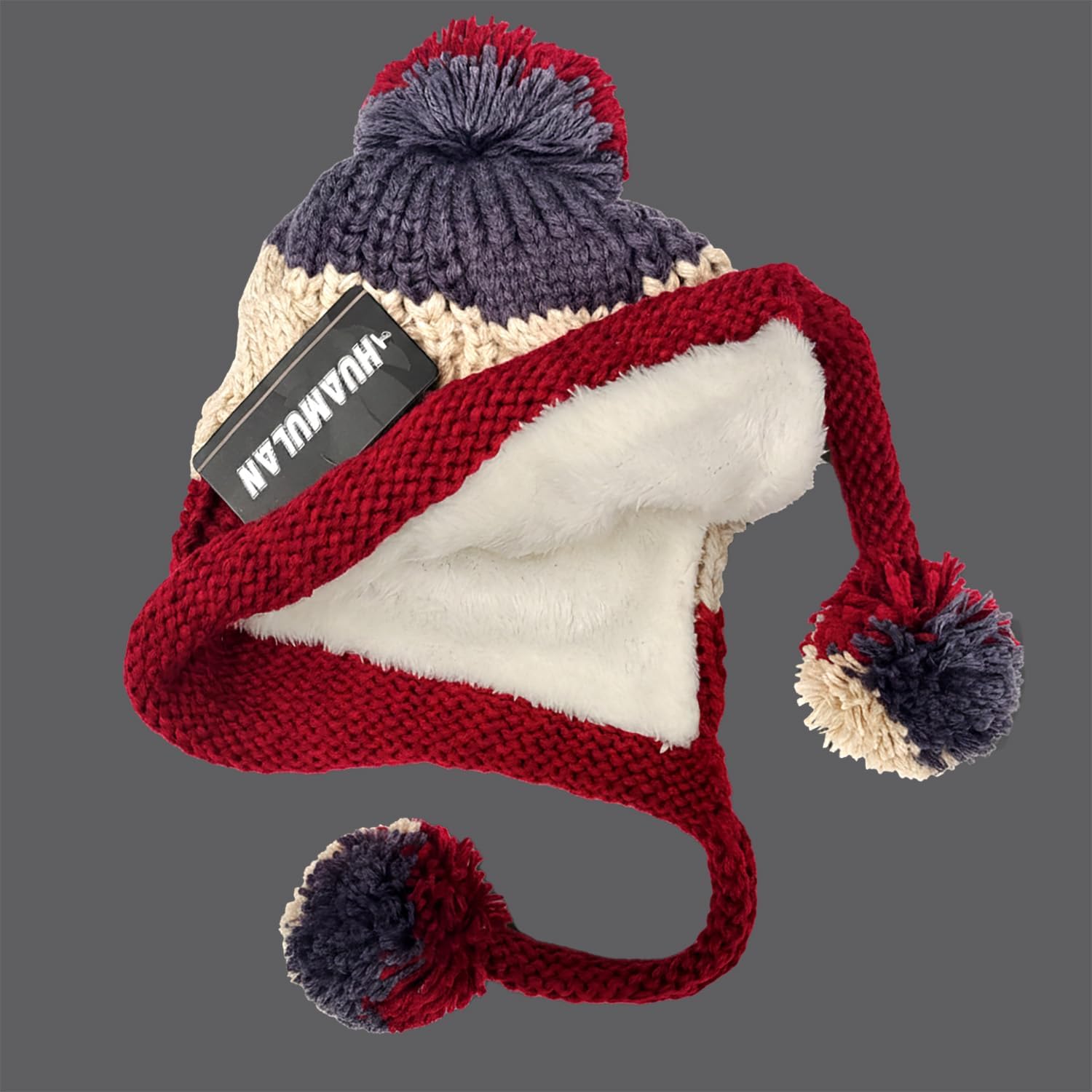 Women Winter Peruvian Cover Ears Beanie Hat Ear Flaps Sherpa Ski Snow Hats Knit Fleece Lined 3 Pom Pom - Image 4