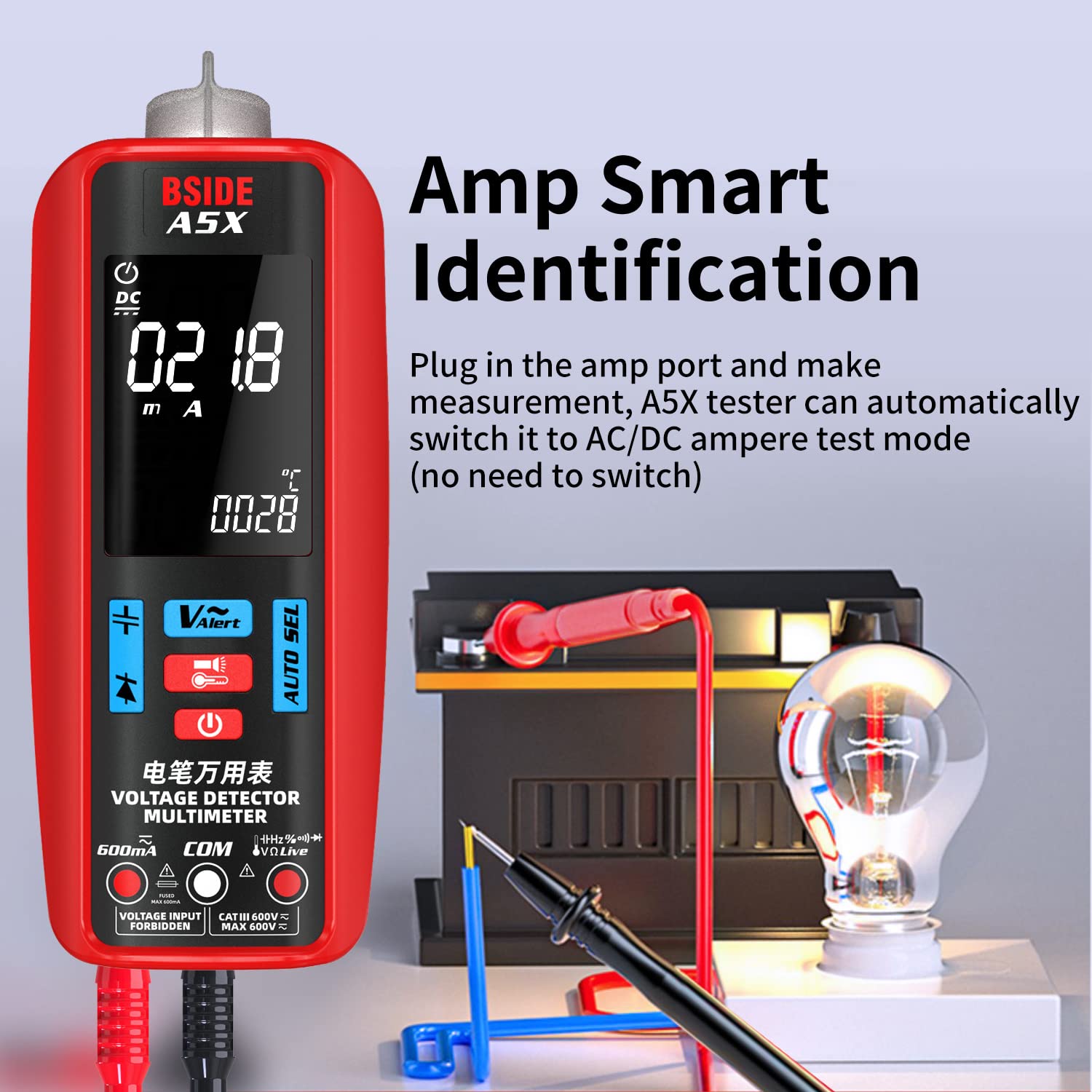 BSIDE A5X Multimeter performing an Amp Smart Identification test on a circuit