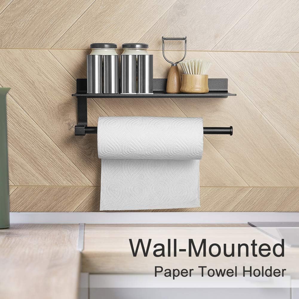 Hoimpro Paper Towel Holder Wall Mounted for Kitchen 13 Inch, Bathroom Tissue Roll Hanger with Mobile Phone Storage Shelf,Space Aluminum, Wall Mount with Screws, Matte Black