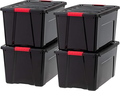 IRIS USA - Contenedor organizador de plástico con tapa duradera y hebillas de cierre seguras, 72 cuartos de galón, paquete de 4, negro y rojo