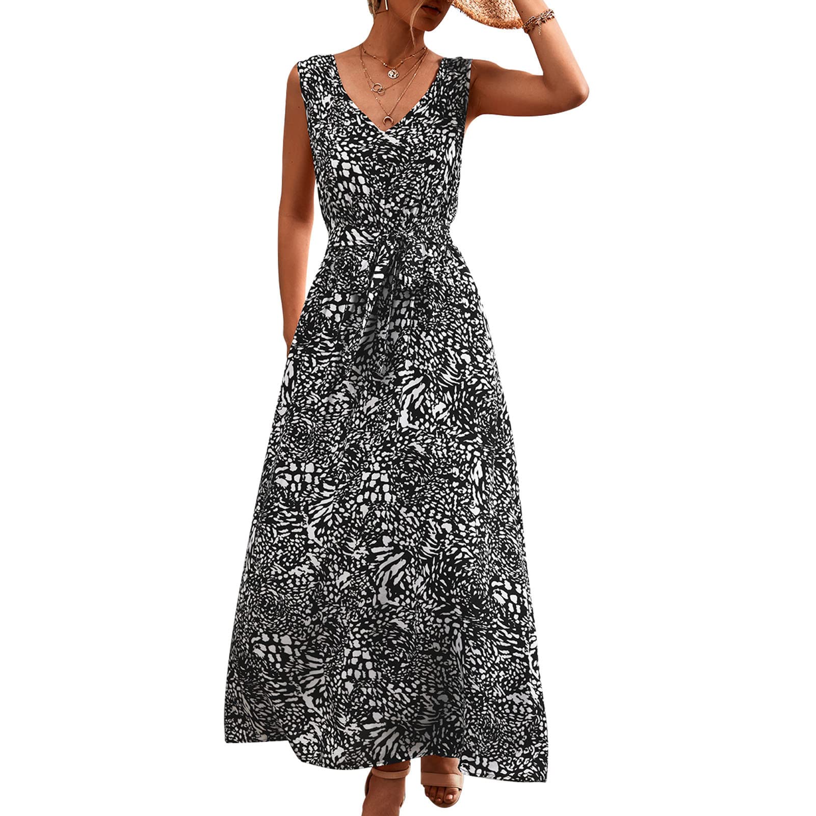Cocoarm Vestido Largo Floral de Verano para Mujer Vestido Suelto de Verano Vestido de Playa Vestido de Fiesta con Cuello V Vestido Casual sin Mangas Mujer Vestidos Largo Playa Fiesta Floral Vestidos