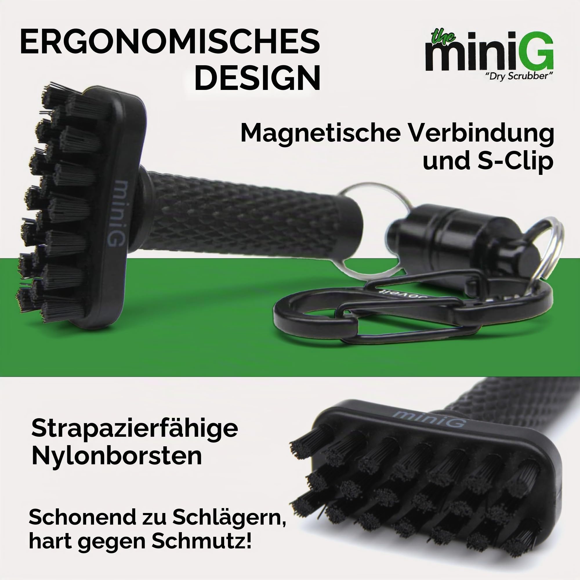 Grooveit Mini-Golfbürste. Der kleine MiniG Dry Scrubber verfügt über einen abnehmbaren Magnet, robuste Nylonborsten und 3 Jahre Garantie – verwendet auf Allen professionellen Golftouren –