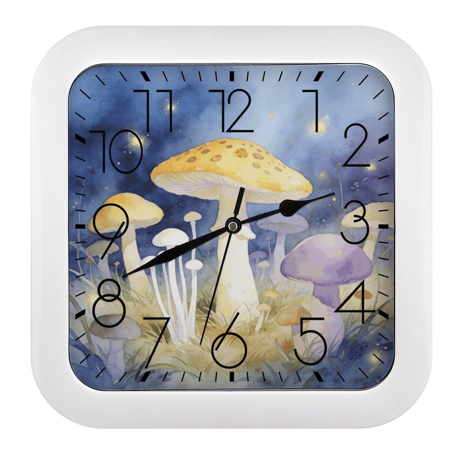 LZQPOEAS Mushroom Square Wall Clock, 10.2 Inch Battery Operated Silent Non-Ticking Wall Clock, Square Analog Decorative Clock for Home Wall Art, Living Room, Bedroom, and Office
