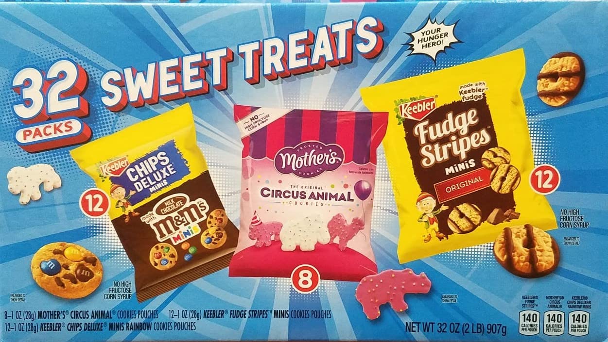 Keebler 32 count of 1 oz bags Sweet Treats Variety Pack 12 Fudge Stripes, 8 Mother&amp;#39;s Circus Animals, 12 Chips Deluxe 32 oz. total 2 LBS