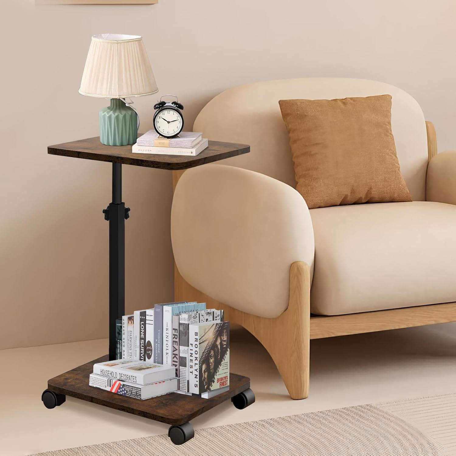 Side Table Sofa Tray for Couch with Rolling Wheels, TV Tray Table with 360°Rotatable Adjustable Height, C Shaped End Table for Living Room, Office, Bedroom