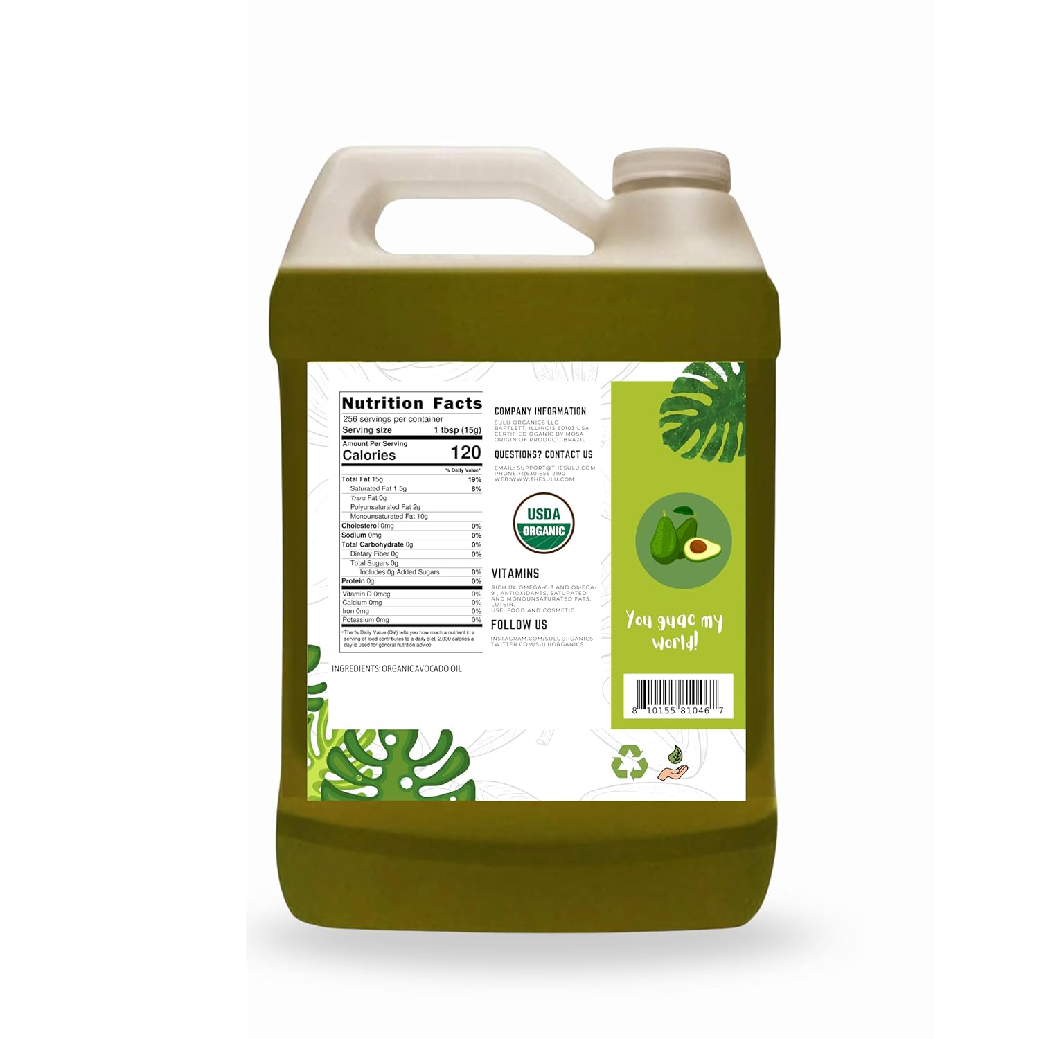 USDA Certified Organic Cold Pressed Unrefined Raw Avocado Oil - 1 Gallon/128 fl.oz