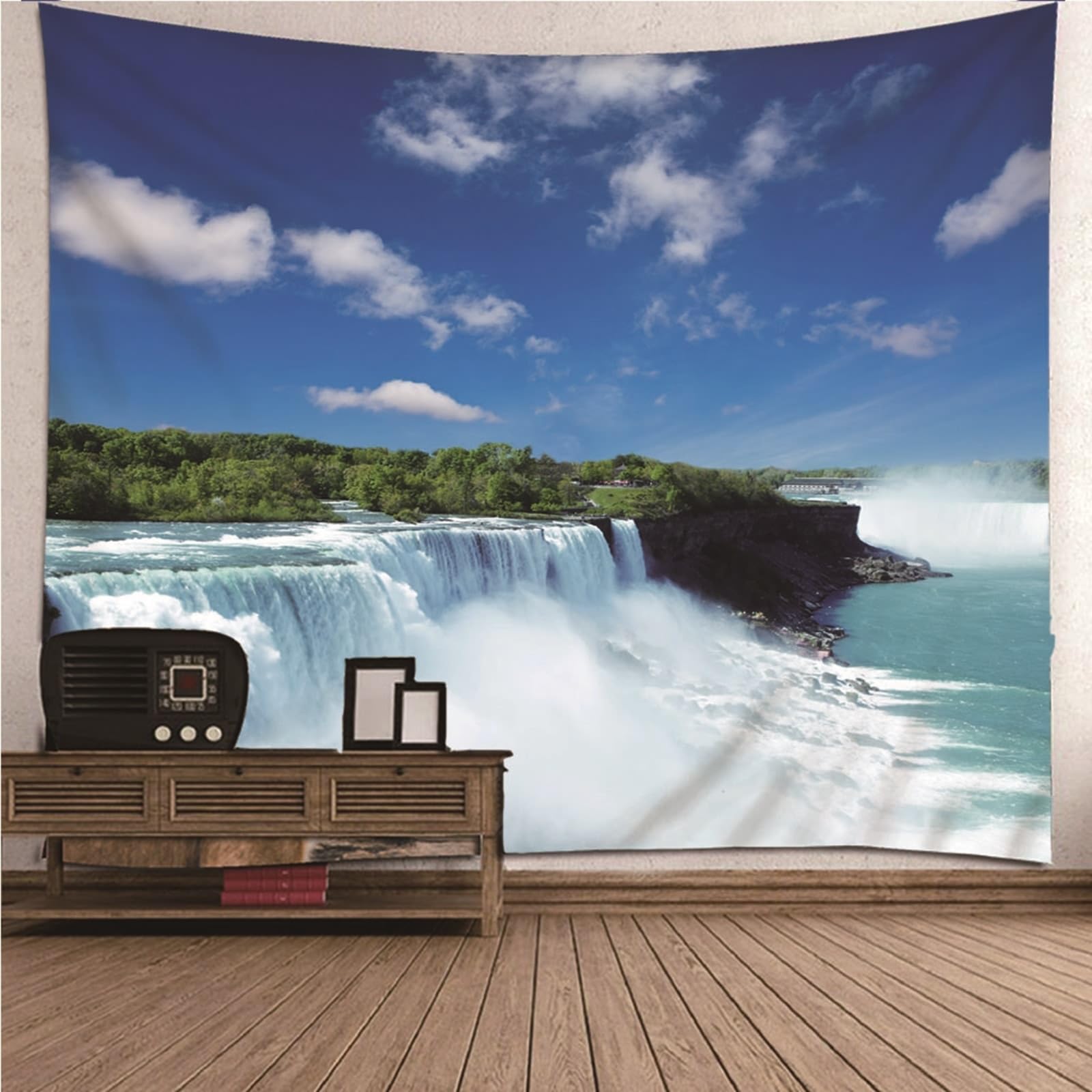 Skcess Wandteppich Wasserfall, Nature Tapestry Blau Toller Wasserfall Polyester Wandteppich 200X200CM