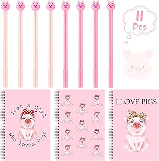 Kosiz 豚ギフト11本セット かわいいブタジェルペン8本 ピンクスパイラルノートブック ピギースパイラル 文房具メモ帳 動物愛好家 女性 女の子 学生向け