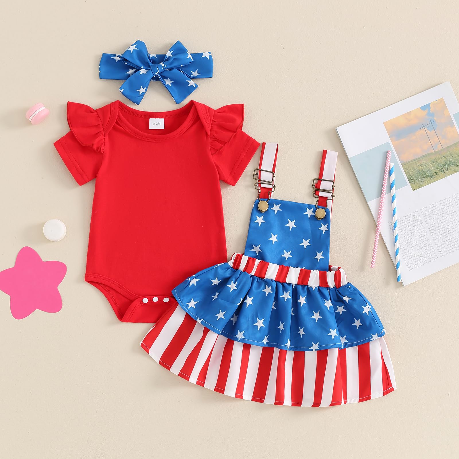 4th of July Baby Girl Outfits American Flag Clothes Ruffle Sleeve Romper Star Stripe Suspender Skirt Overalls Dress (Striped Red, 0-3 Months)