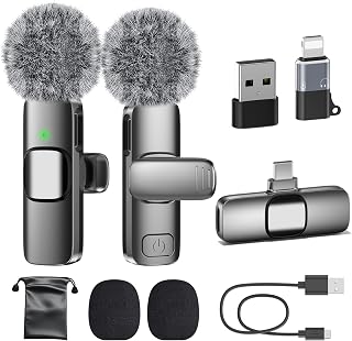 PoP voice USB C Mini Microphone for iPhone 16/15/14/Android, Wireless Lavalier Microphone with Noise Reduction, Lapel Lav Mic for Vlog YouTube TikTok Recording, 12H, 65ft