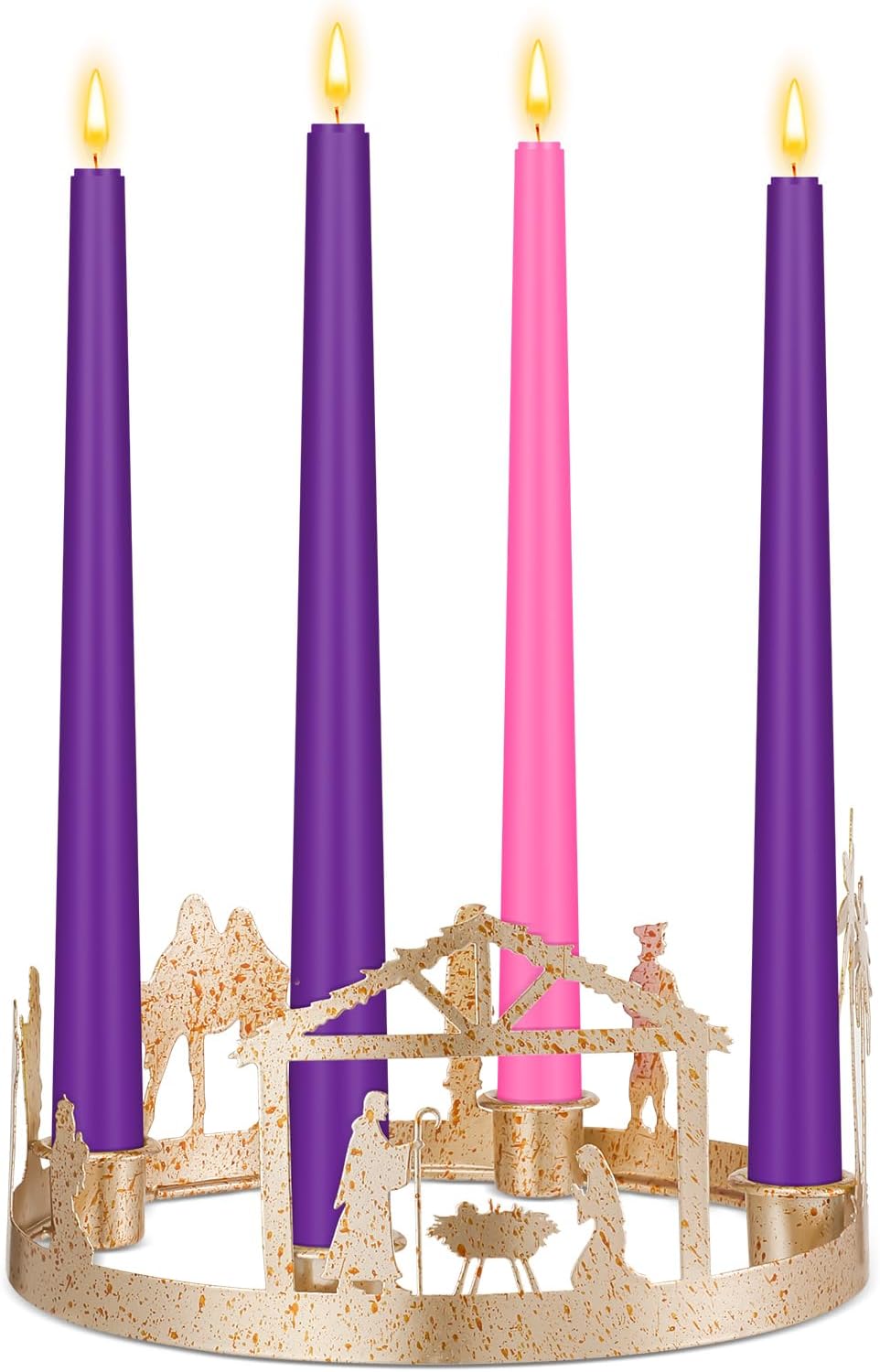 Willinglong Nativity Scene Christmas Advent Candle Holder Christian Holy Family Advent Wreath Holder Metal Nativity Vintage Jesus Candleholder for Xmas Religious Supplies Table Decor(4 Candle Cup)