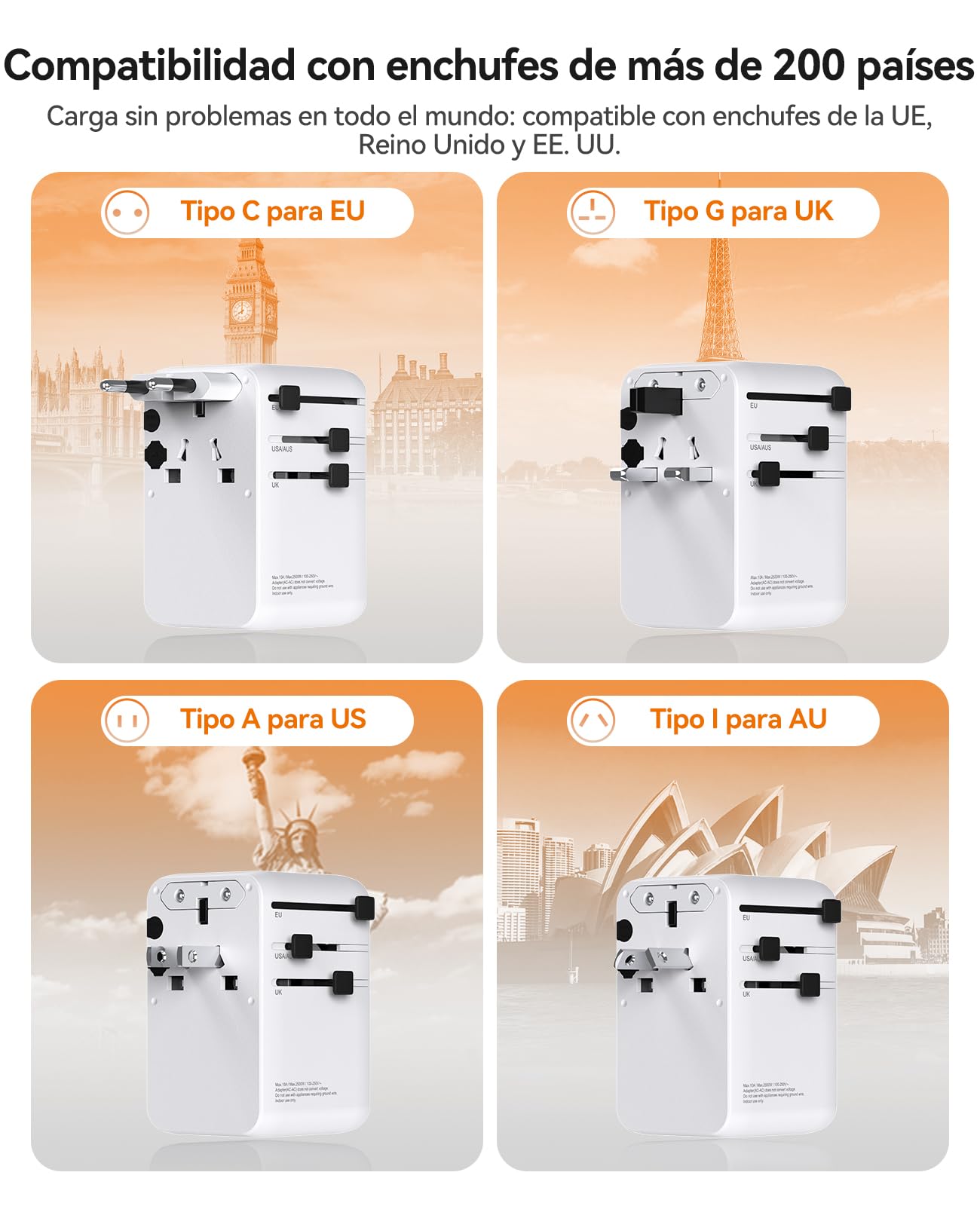 ORICO GAN 100W Adaptador Viaje, Cable Retráctil, 2 Tomas AC + 5 USB, Blanco | Carga rápida para portátiles potentes; compatible en +200 países y regiones; diseño todo en uno; protección seguridad