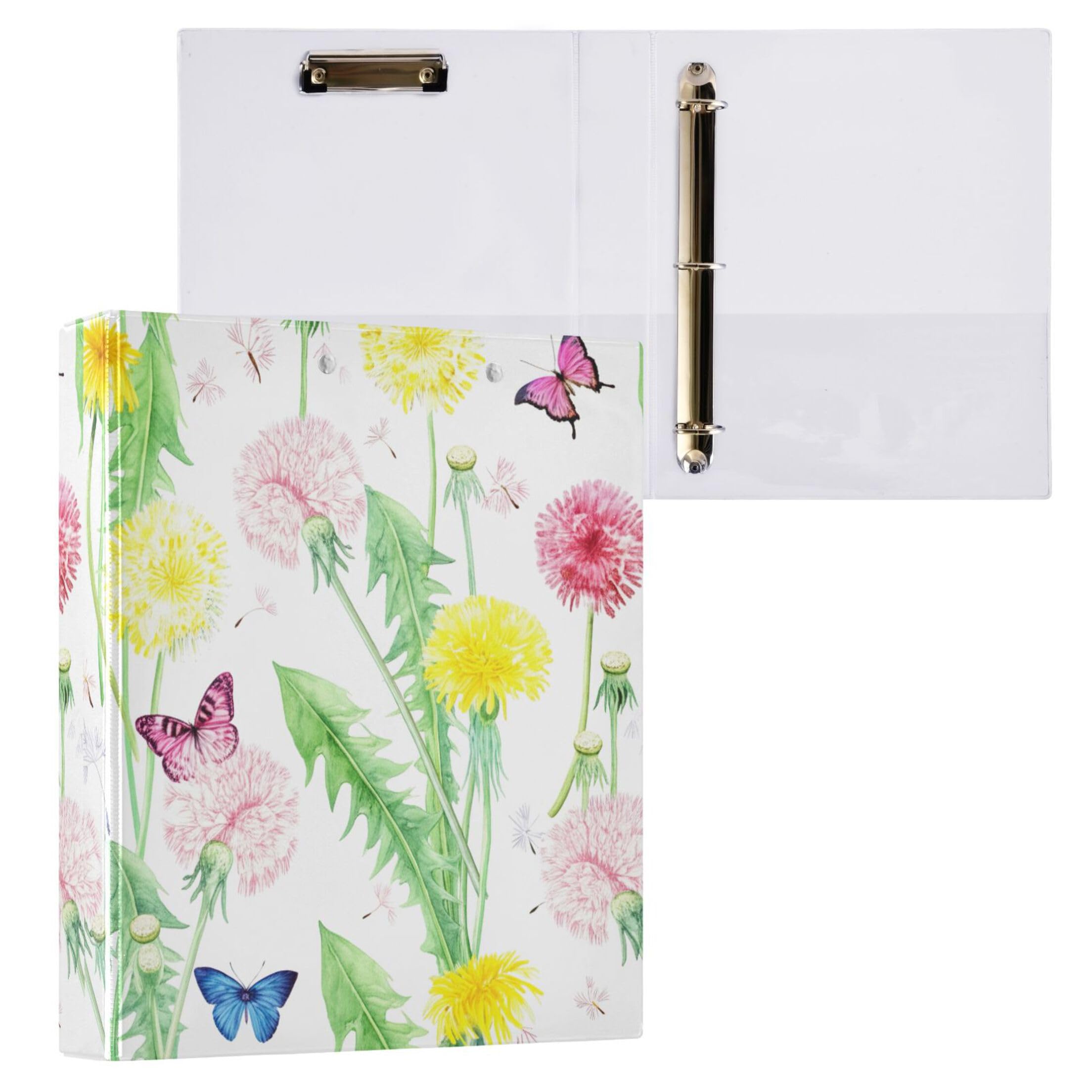 Raccoglitori colorati personalizzati con dente di leone floreale e farfalla, 3,8 cm, 3 anelli, 200 fogli, raccoglitore ad anelli rotondi, 31,5 x 27 x 6 cm, confezione da 2