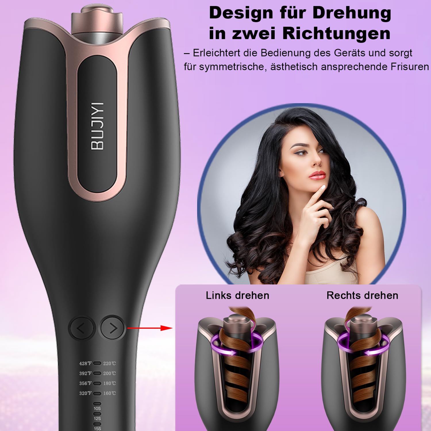 Lockenstab Automatisch, 4 Temperatureinstellungen für Alle Haartypen, 3 Heizzeiten für Vielfältiges Styling, Professioneller Styling Lockenstab (tiefes Schwarz)