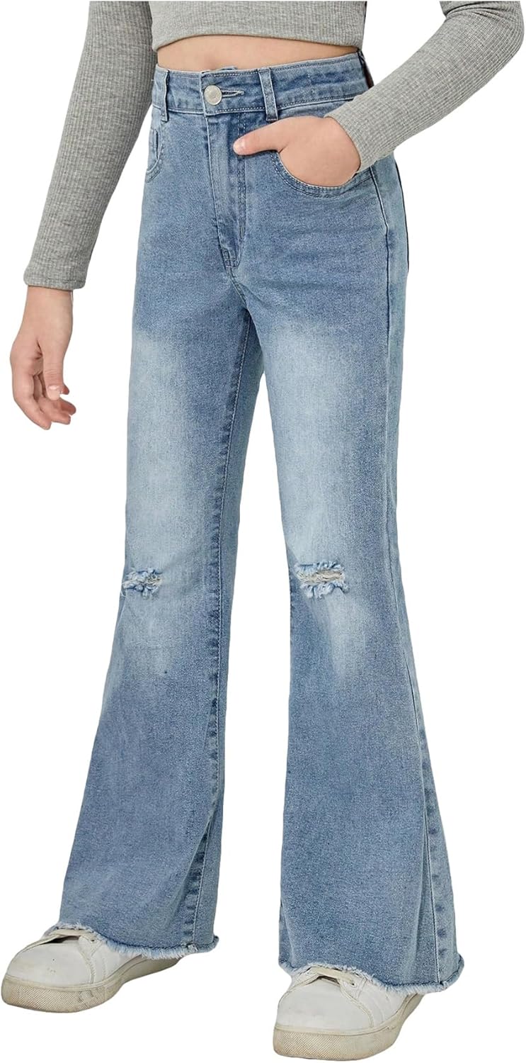 Floerns Girls Casual Ripped Frayed Split Hem Flare Bell Bottom Jeans Denim Pants 7 Years Light Blue
