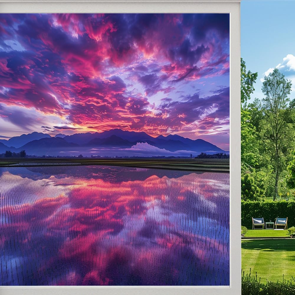 Pink Sky Reflection Privacy Window Film, Watercolor Clouds Field Landscape Frosted Self-Adhesive Vinyl Cling for Glass Doors Bathroom Windows Sun Blocking Heat Control, （80x140cm）