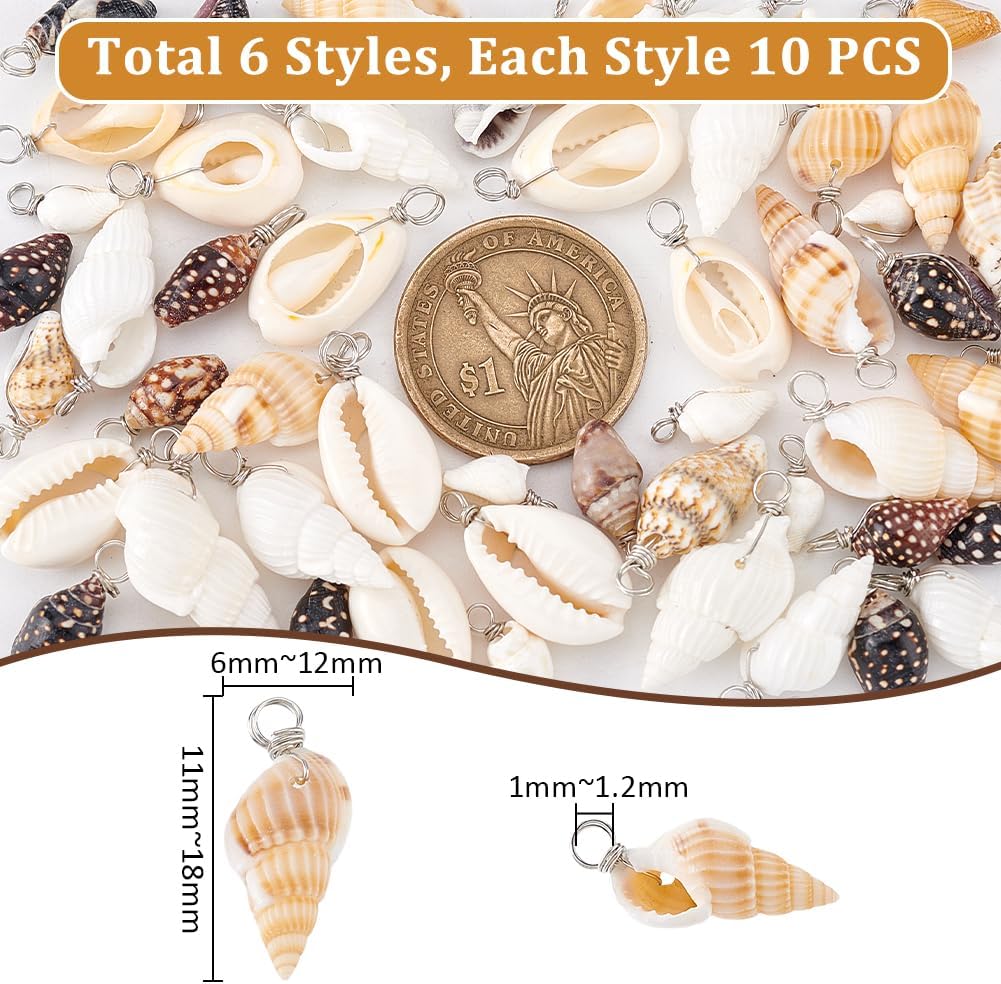 PH PandaHall 60pcs Natural Shell Pendants, Cowrie Shell Charms Undyed Beach Seashells Charms Spiral Seashells Summer Sea Shells Pendants Wrapped with Wire for Earrings Bracelet Jewelry Craft Making - Image 2