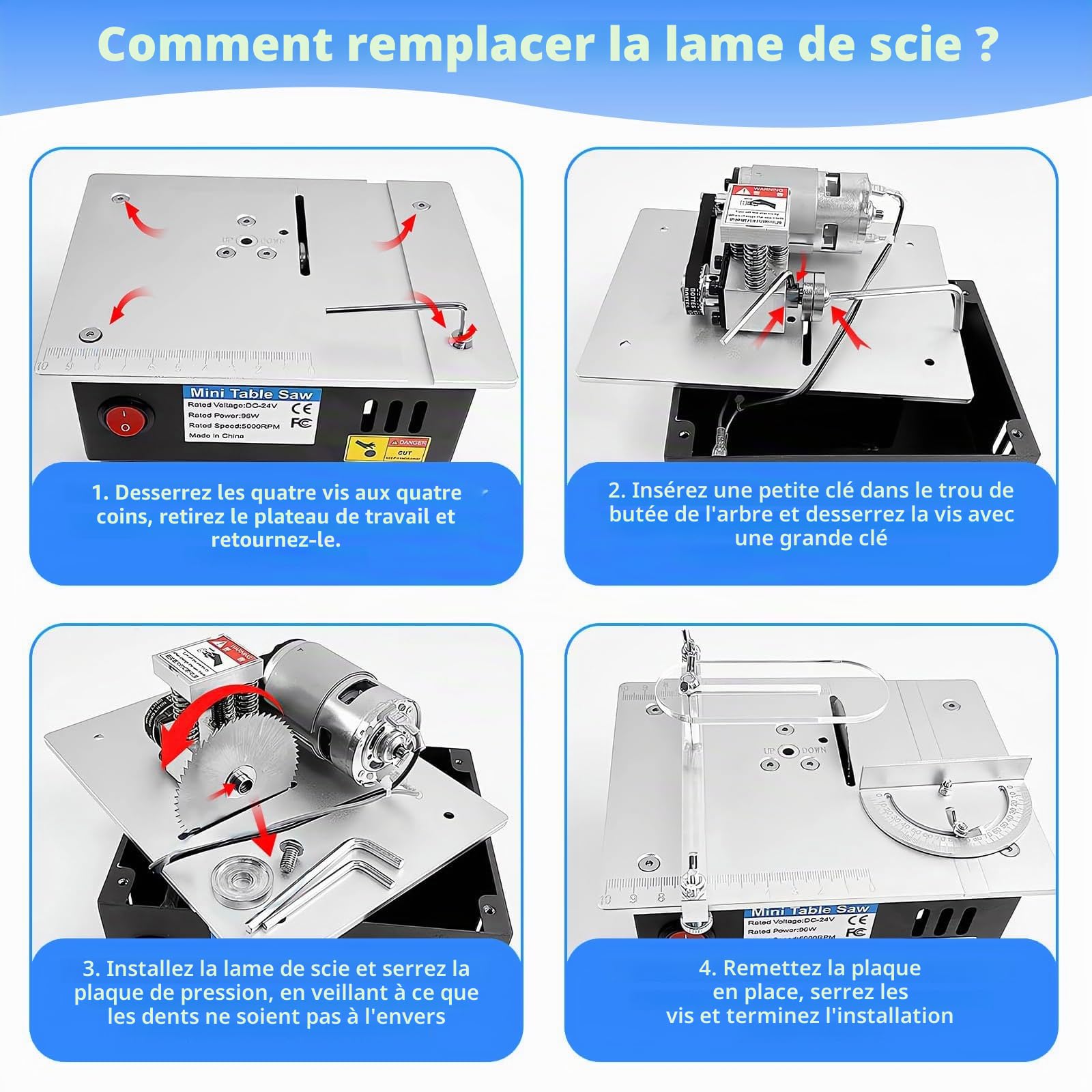 Mini scie circulaire sur table avec 4 lames, petite scie à table de 96 W, avec source d'alimentation à 7 vitesses réglables, lame de scie de 0,1 à 15 mm, hauteur réglable, scie à table