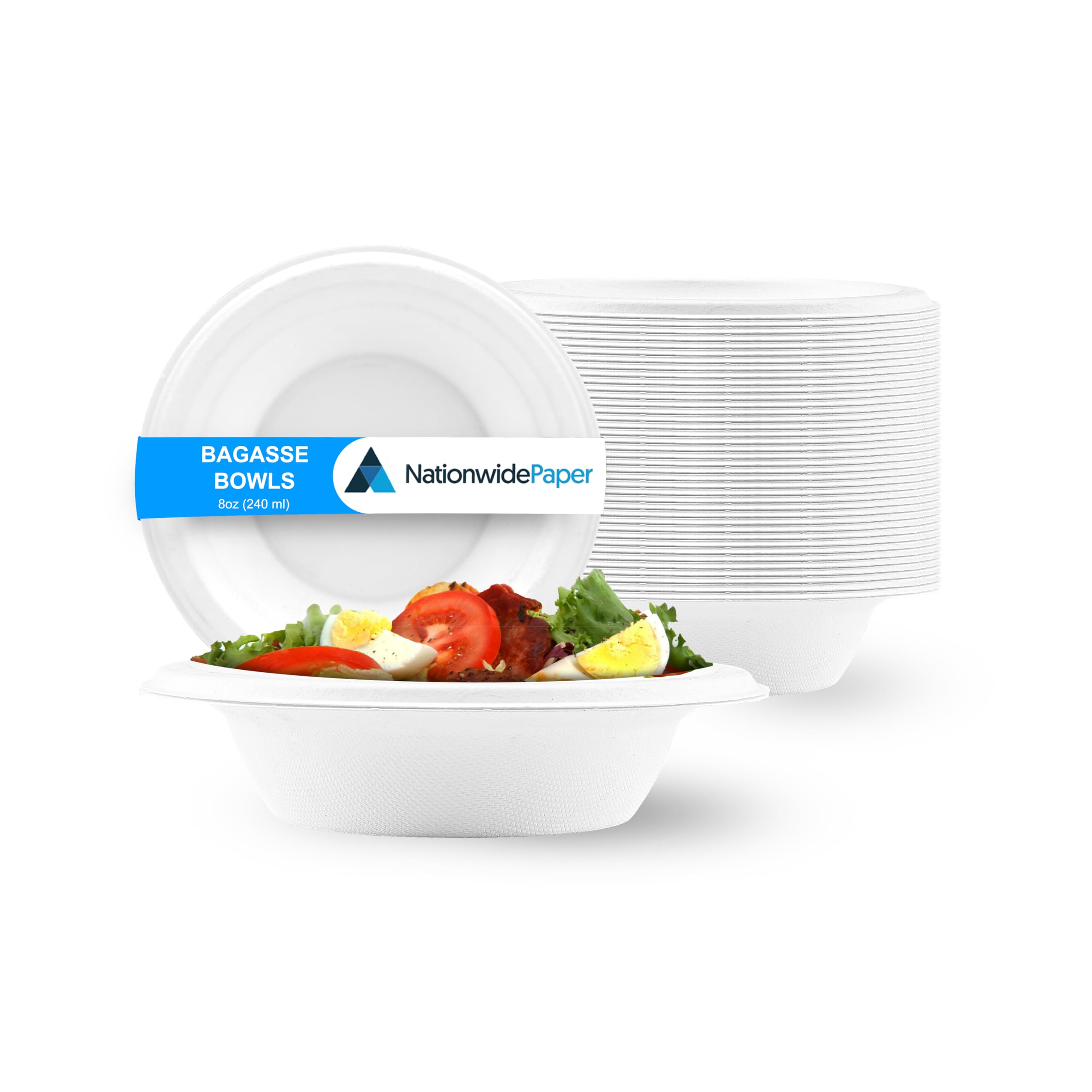 Nationwide Paper Strong White Paper Bowls, Disposable Compostable Bagasse Bowls for Party, Eco Friendly Tableware, 8oz - Pack of 200