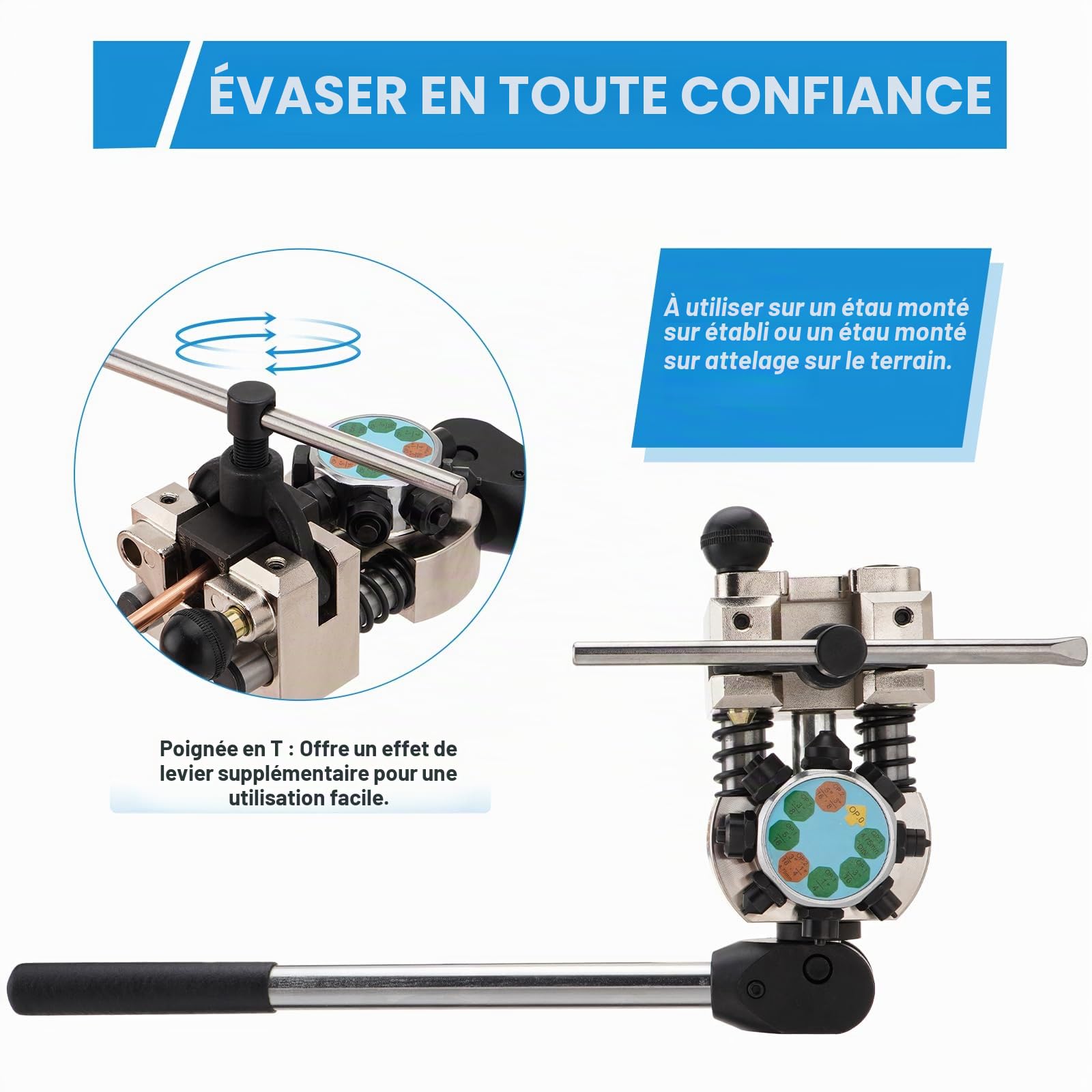 Évaseur pour conduites de frein, conduite de frein à 45 °, outil d'évasement pour évasement simple, à bulles et double (diamètre 4,75 mm/6,35 mm/8 mm/9,5 mm) bleu