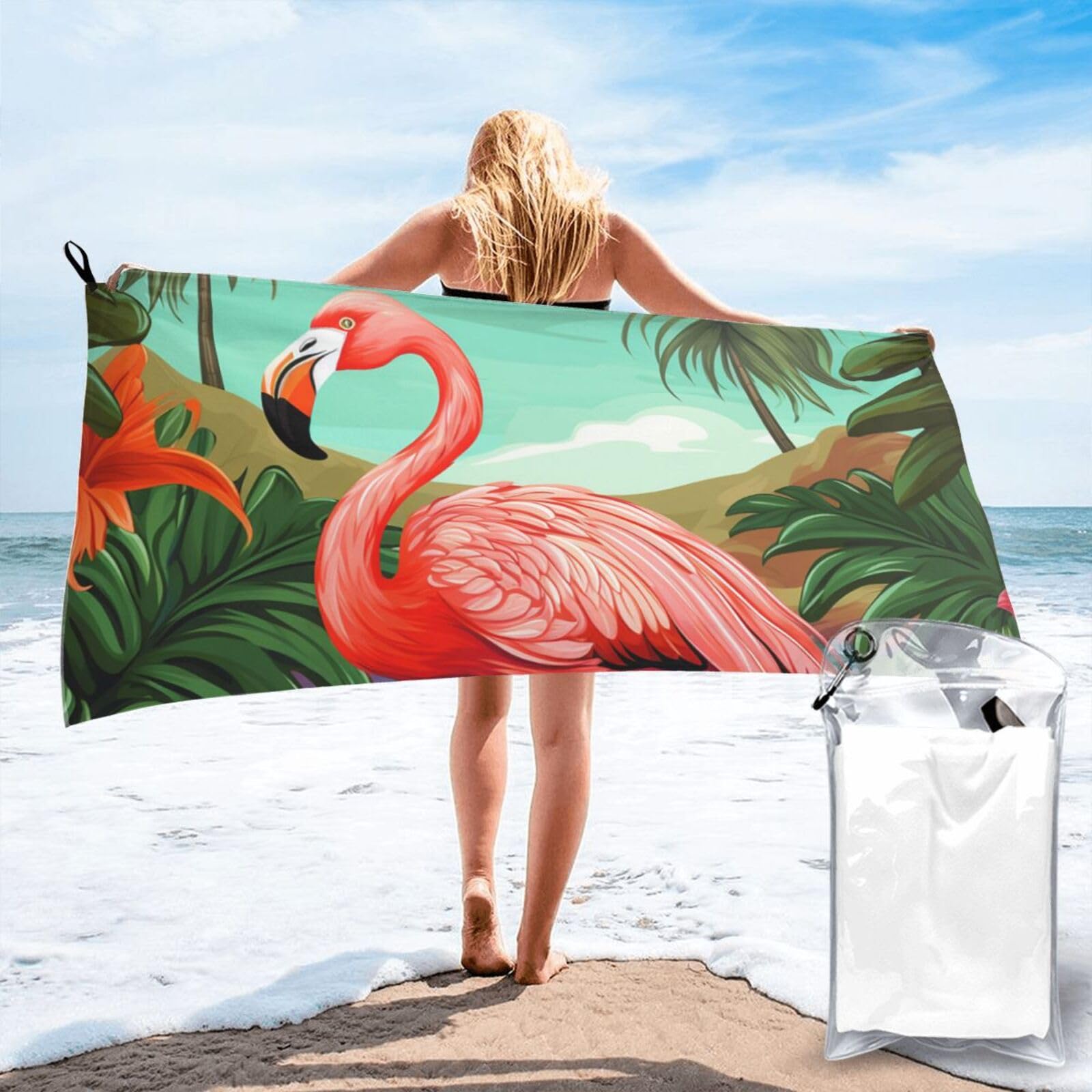 DWVTSLH Microfiber Sand Free Beach Towel 27.5"x55", Quick Dry Absorbent Travel Towel Large Camping Blanket, Tropical Flamingo Bath Towels Lightweight Pool Swim Towels for Vacation Essentials
