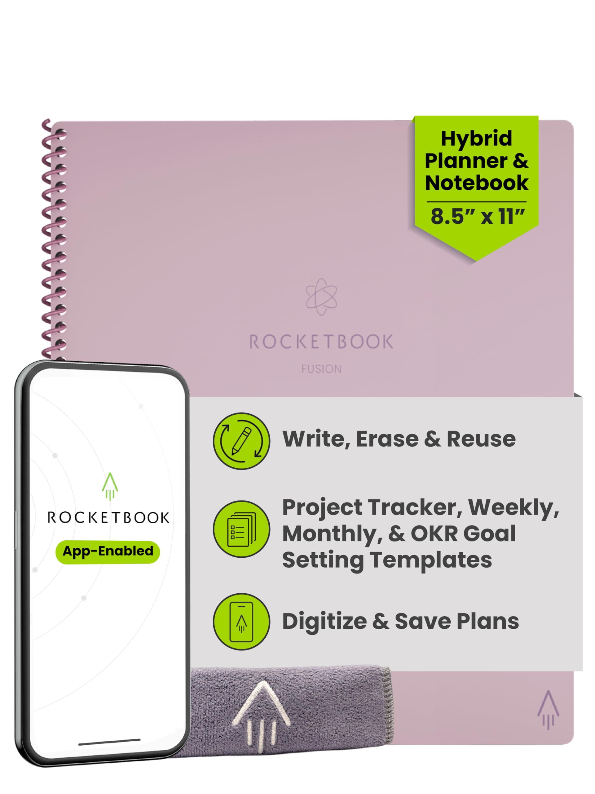 Rocketbook Fusion wiederverwendbarer undatierter Produktivitätsplaner, Briefgröße 21,6 x 27,9 cm, Rosa – Ziele, Monats- und Wochenkalender, tägliche To-Do-Liste, linierte und gepunktete Notizseiten