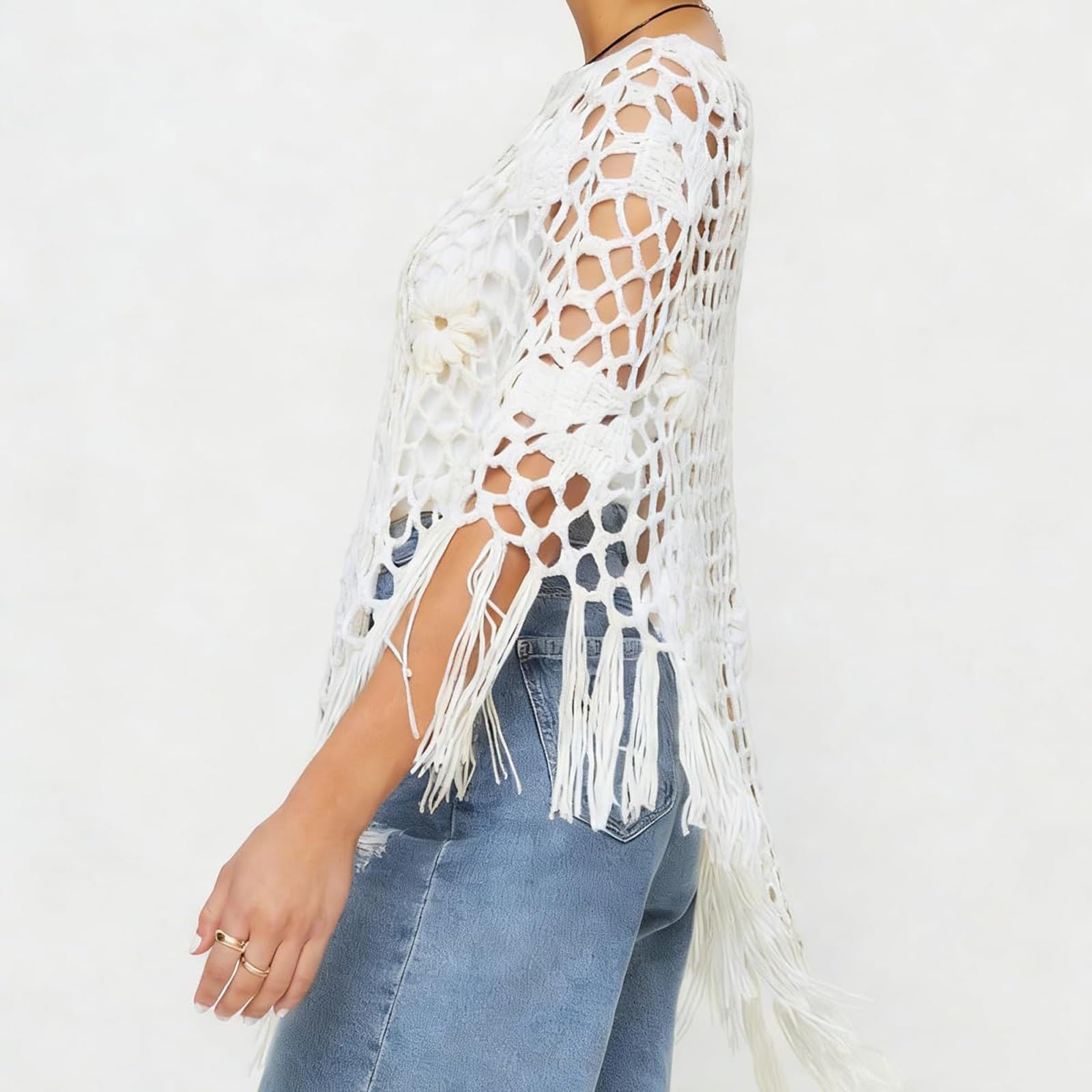 Genérico Poncho Y Capa De Punto Y Ganchillo Para Mujer Diseño Floral Con Flecos, Estilo Boho Y Casual Cubrebaños Chal Envolvente
