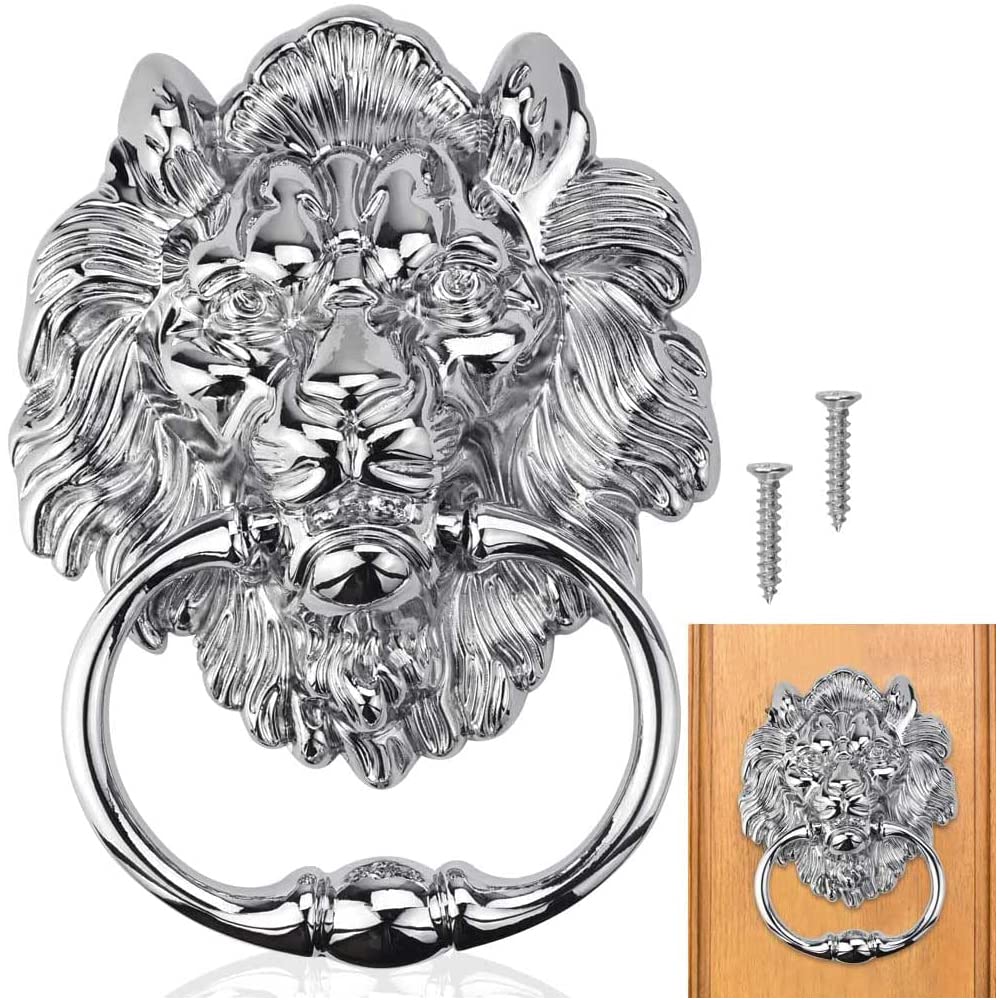 1 aldaba de puerta, aldaba de cabeza de león, aldaba de puerta delantera con 2 tornillos, anillos de cabeza de león de aleación de zinc, mango de aldaba de muebles de león