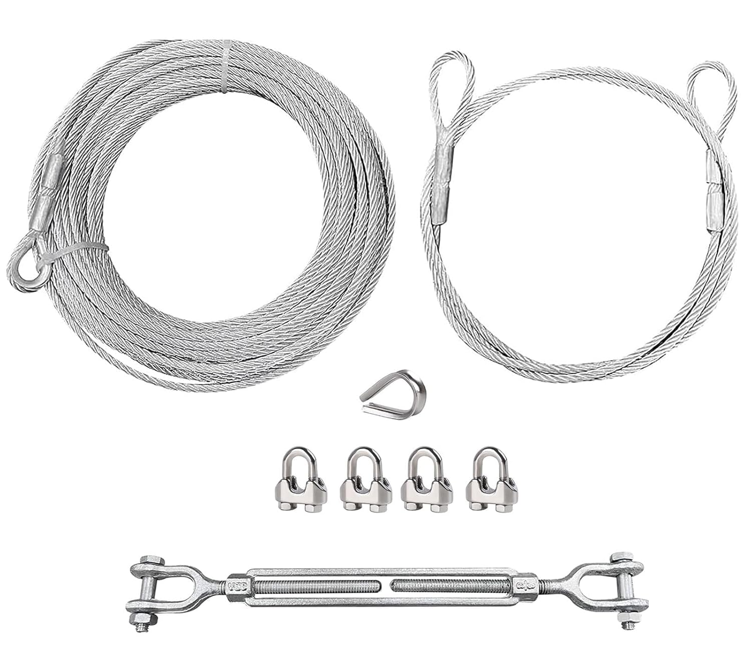1/4 Wire Rope Kit, 100 ft Galvanized Steel Cable with 6ft Sling Cable, Turnbuckle, Wire Rope Clamps & Thimble, 4200 lbs Breaking Strength, 7x19 Strand Metal Cable for Zipline, Shade Sails