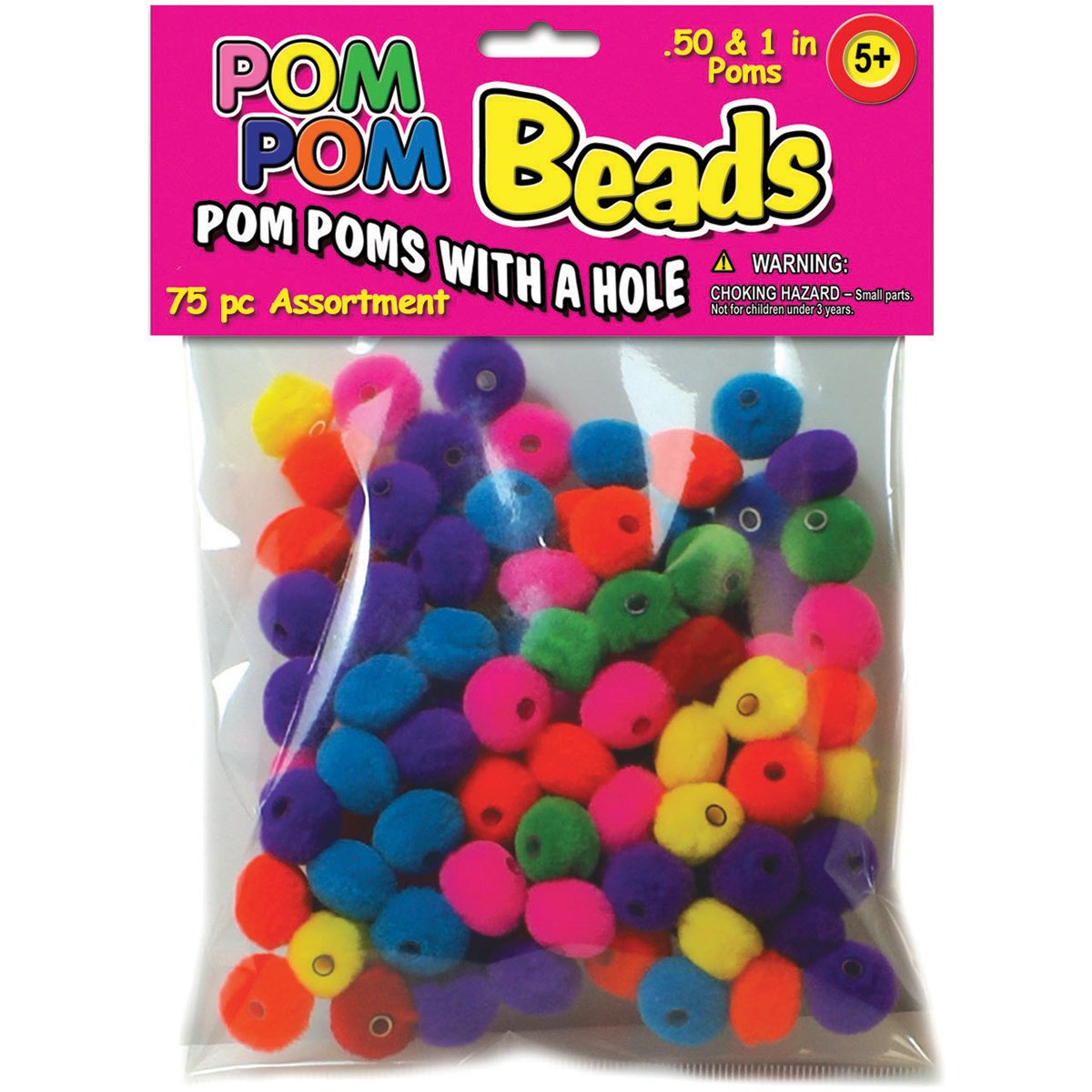 Pepperell Pom-Pom Assorted Beads (75/ Pack), 0.5"/1", Multicolor