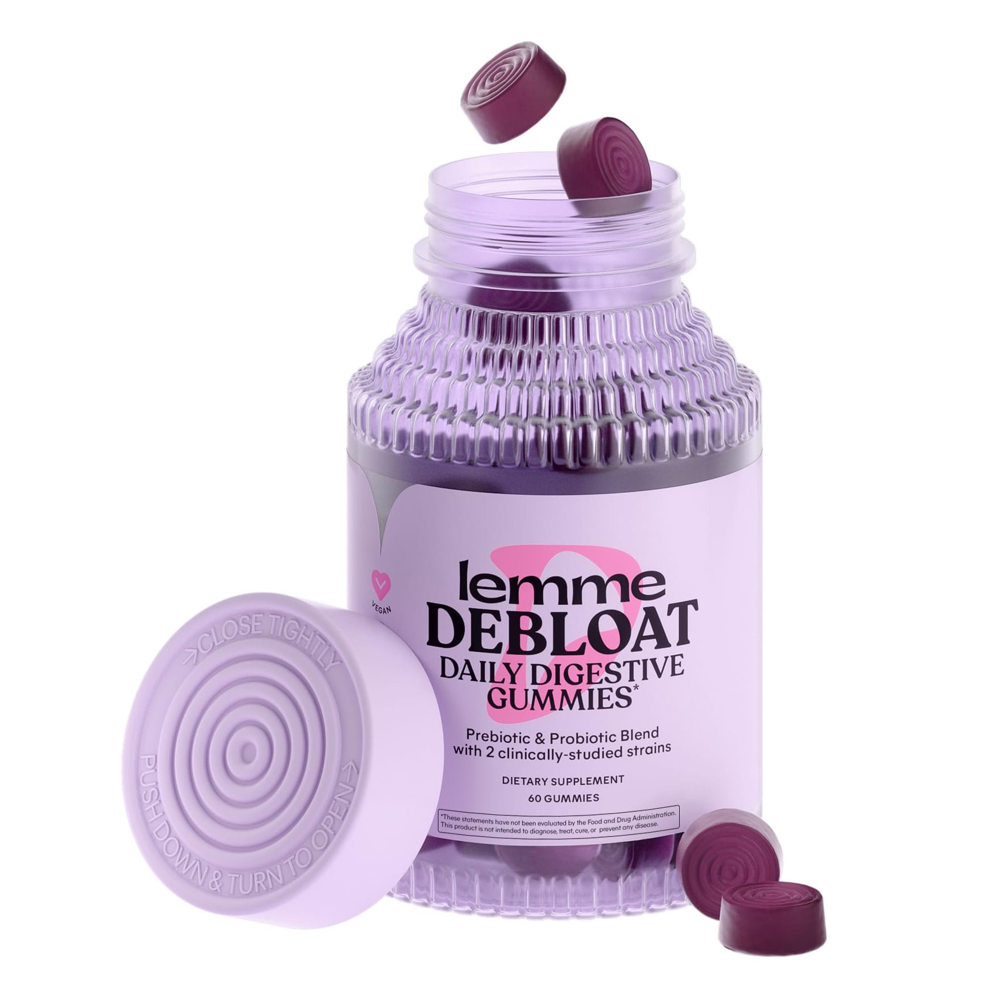 Lemme Debloat - Digestive & Gut Health Gummies with 2 Clinically Studied Probiotics & Prebiotic, 3 Billion CFUs - Vegetarian, Gluten Free, Non GMO, BlackBerry Flavor (60 Count)