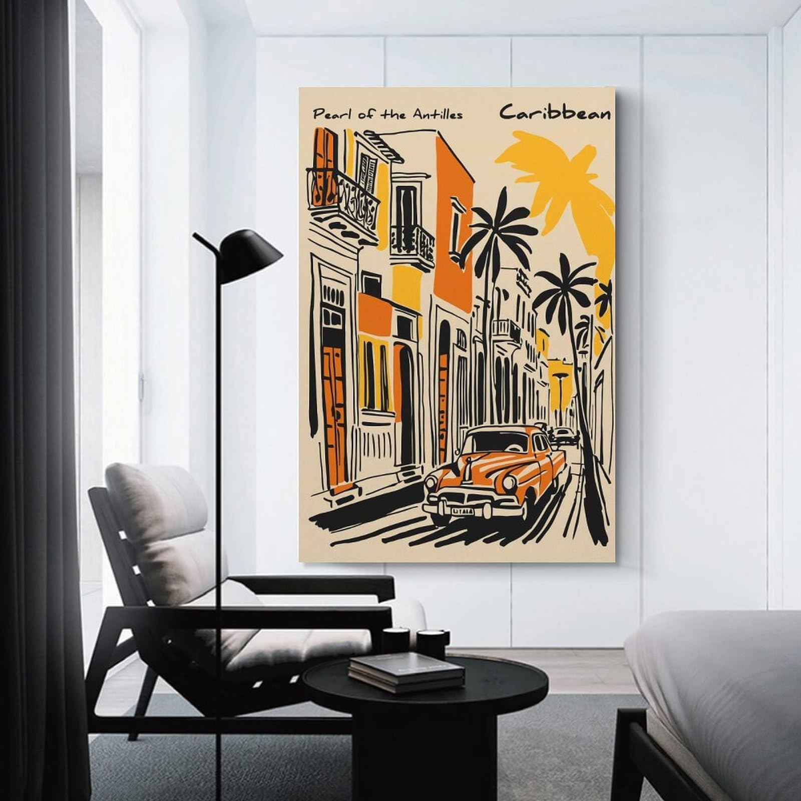 Junmoney Canvas Wall Decor Retro Caribbean Street Scene with Vintage Car, 20x30inch(50x75cm), for Flats, Guest Rooms Or Compact Rooms, A Simple Refresh for Blank Walls