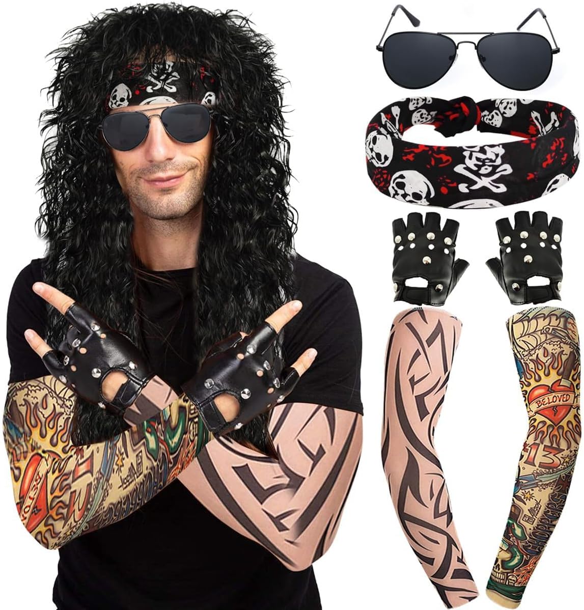 80s Disco Rocker Costume for Men Including Wig Sunglasses Punk Gloves