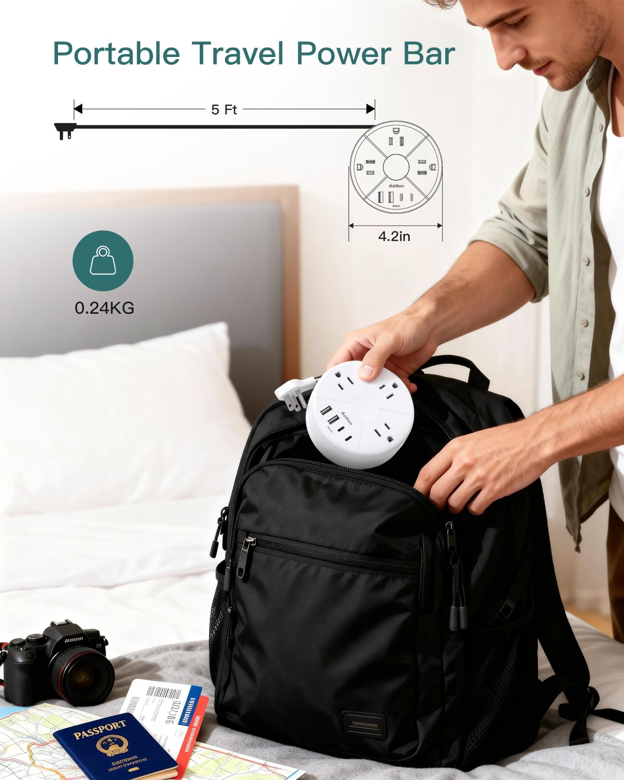 Addtam Travel Esstentials - Cruise Approved Power Strip with 5ft Retractable Cord, Ultra Thin Flat Plug, 3 Outlets 4 USB (2 USB C), Non Surge Protector for Travel/Cruise/Home/Dorm/Office, ETL Listed — view 4