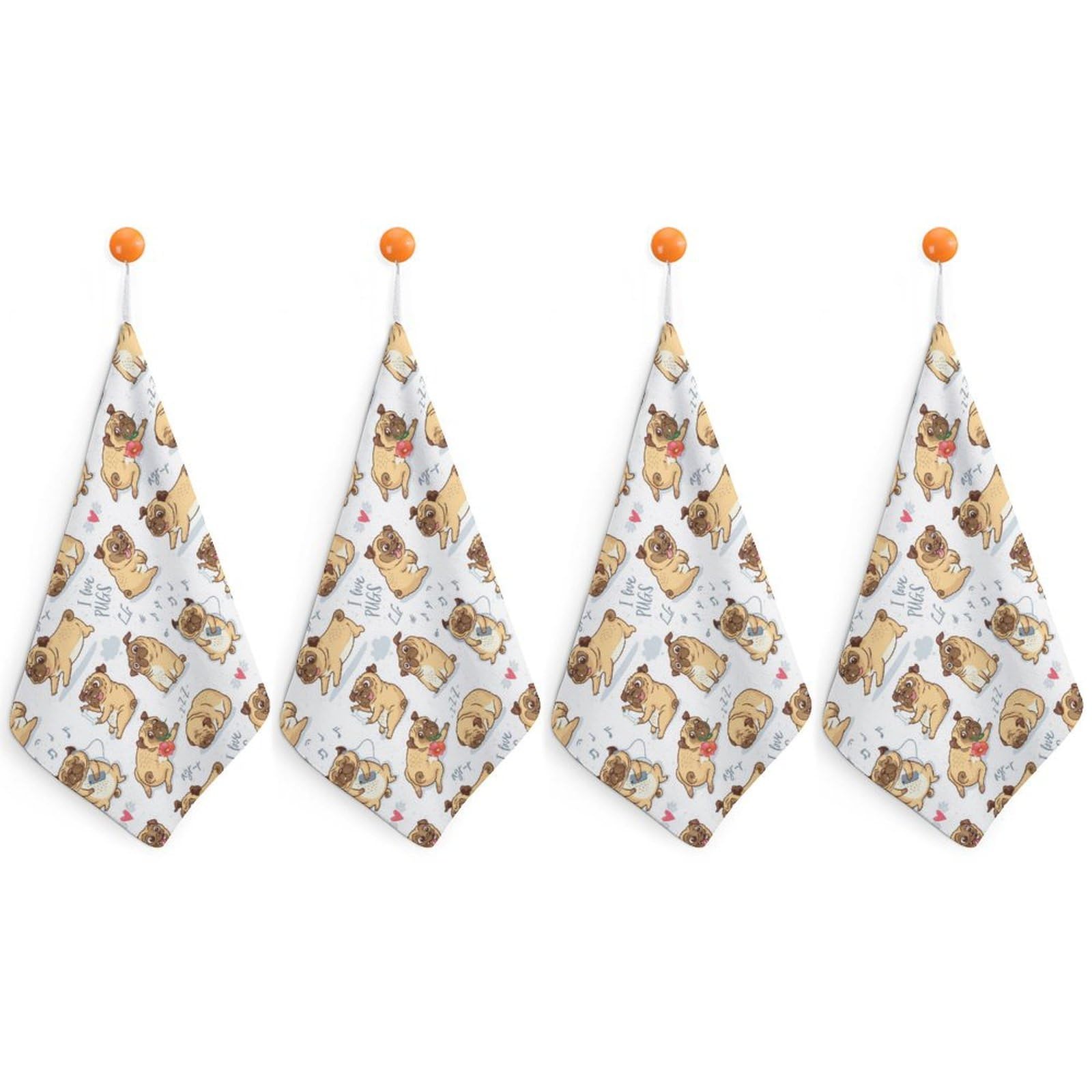 LWORZIIB 4 Piece Hanging Hand Towels, Pug Dog Small Dry Hand Towel for Kitchen Bathroom