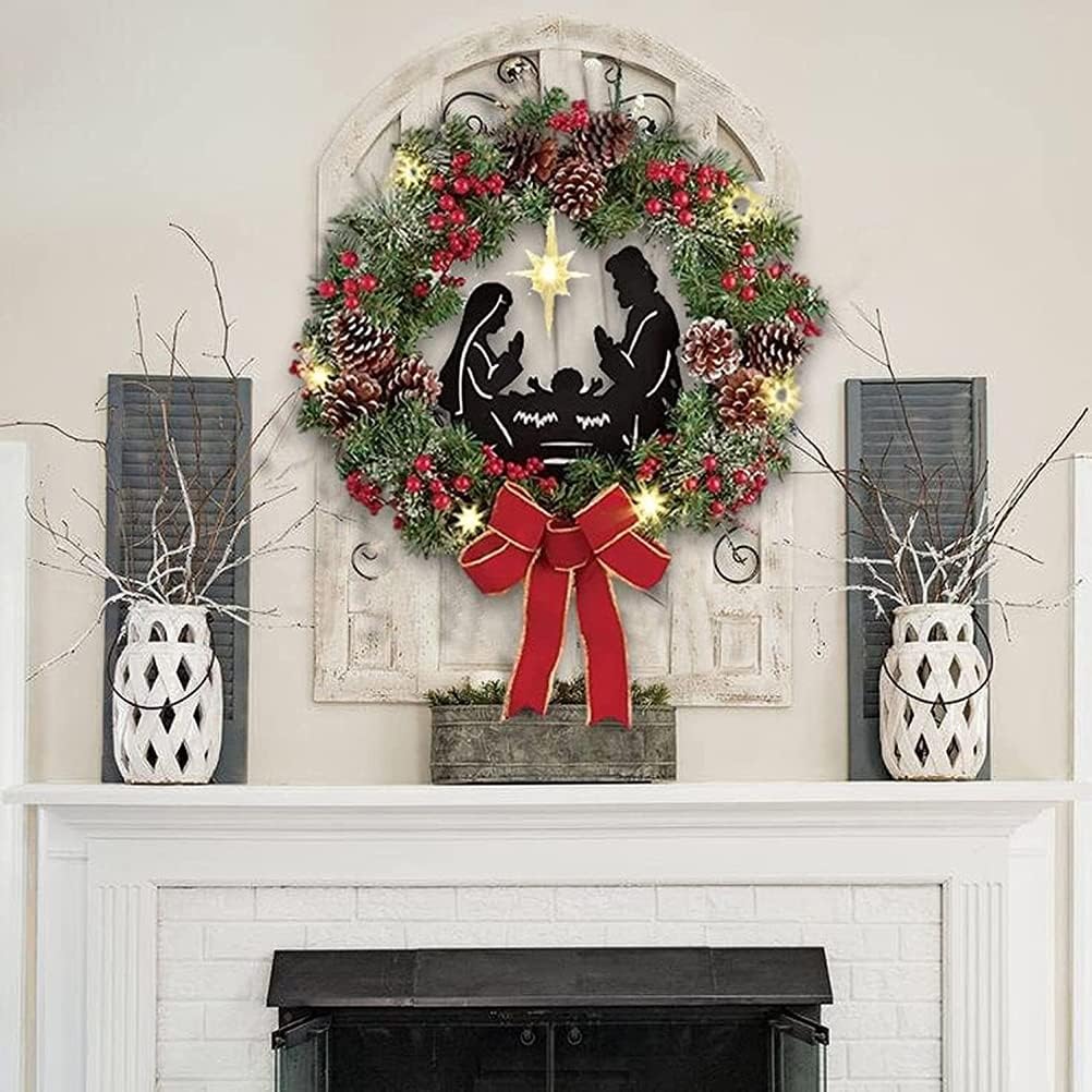 MINGZHE Christmas Wreath LED Lights with Jesus Red Berry Pine Cone Nativity Scene LED Lights String Wreath Mixed Holiday Decorations(35 * 35cm)