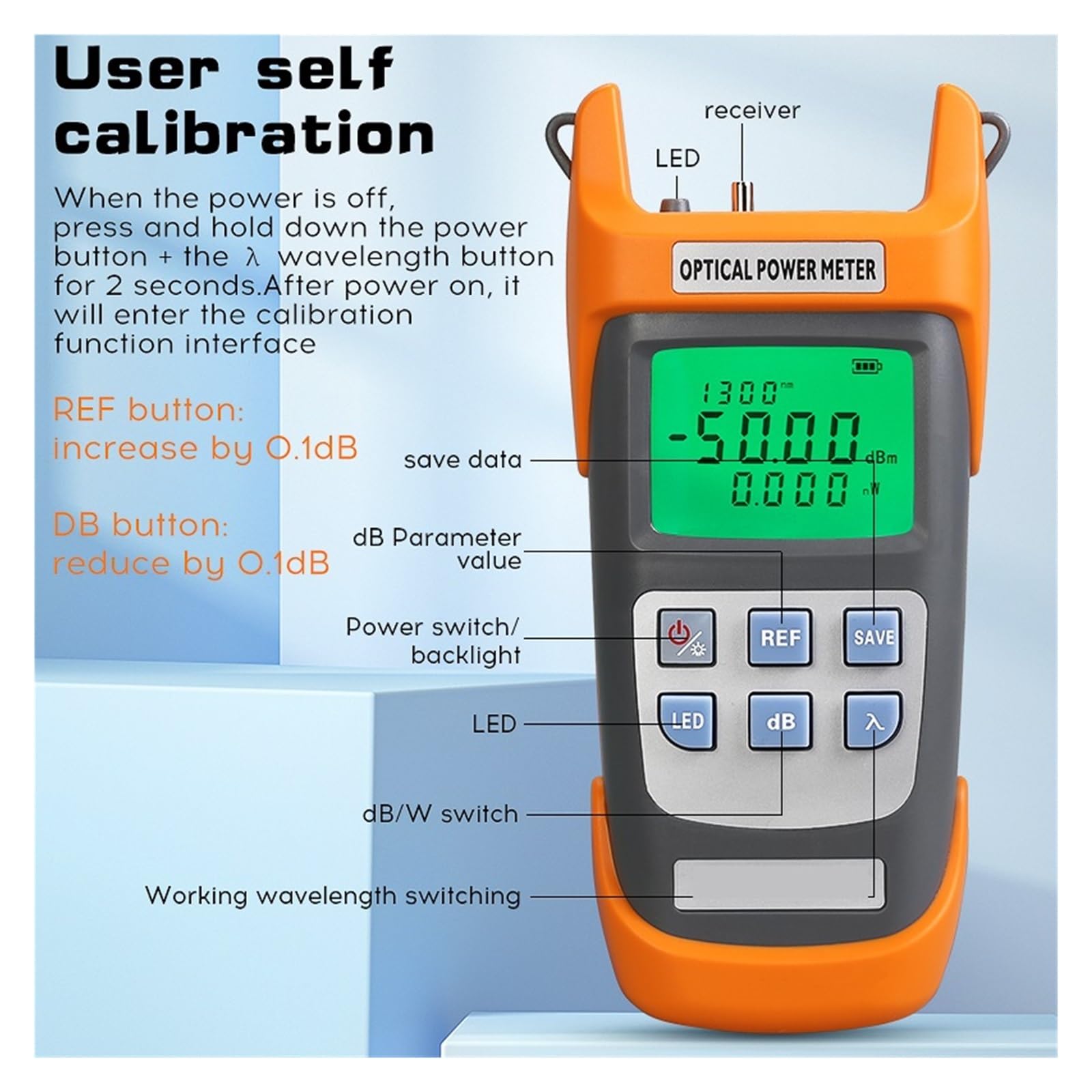 Medidor De Potencia Óptica AUA-G510A -50+~26dbm Probador De Fibra Óptica OPM 3 En 1 Probador De Fibra Óptica Interfaz SC/FC/ST,Amplio Rango De Pruebas(-50 to 26dbm)