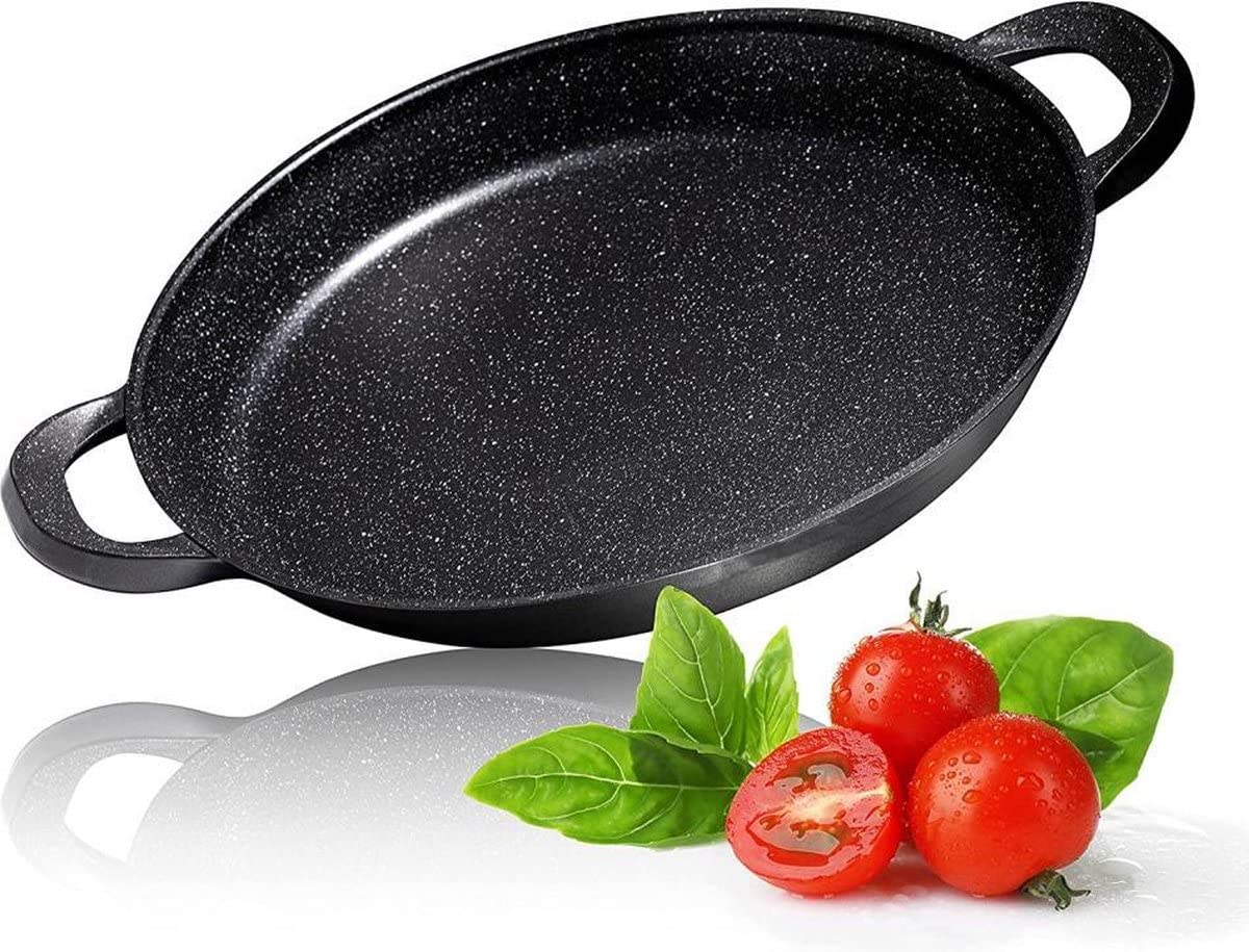 Patelnia Paella – niemiecka powłoka nieprzywierająca GREBLON powłoka marmurowa – 36 cm – do indukcji i wszystkich rodzajów ciepła – ze zdejmowanymi silikonowymi uchwytami.