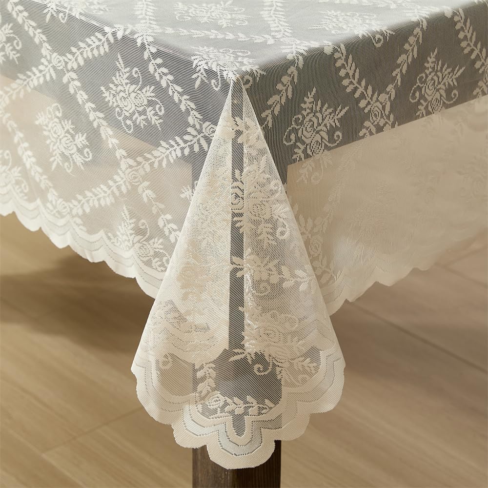 HLC.ME Isabella - Mantel de Tela de Encaje Floral, Mantel de Tela de Encaje para mesas Redondas, Mantel Resistente a Las Arrugas, Mantel Festoneado Estampado (90 Redondo, Lino Gris Pardo)