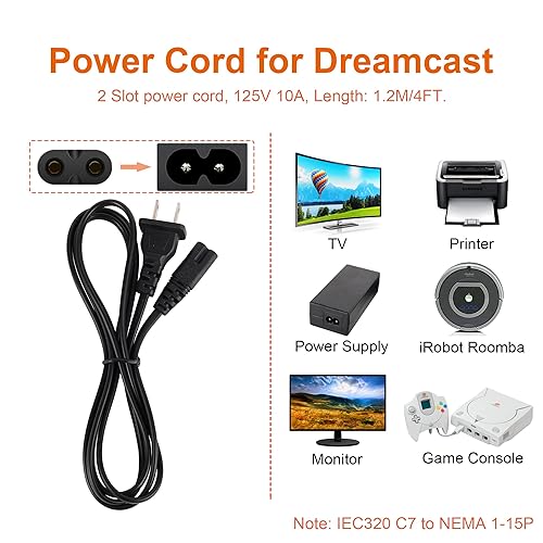 Miniatura 2 de Cable de alimentación y cable AV para Dreamcast, fuente de alimentación de 2 clavijas y cable de audio y video RCA AV compatible con consola CC Sega