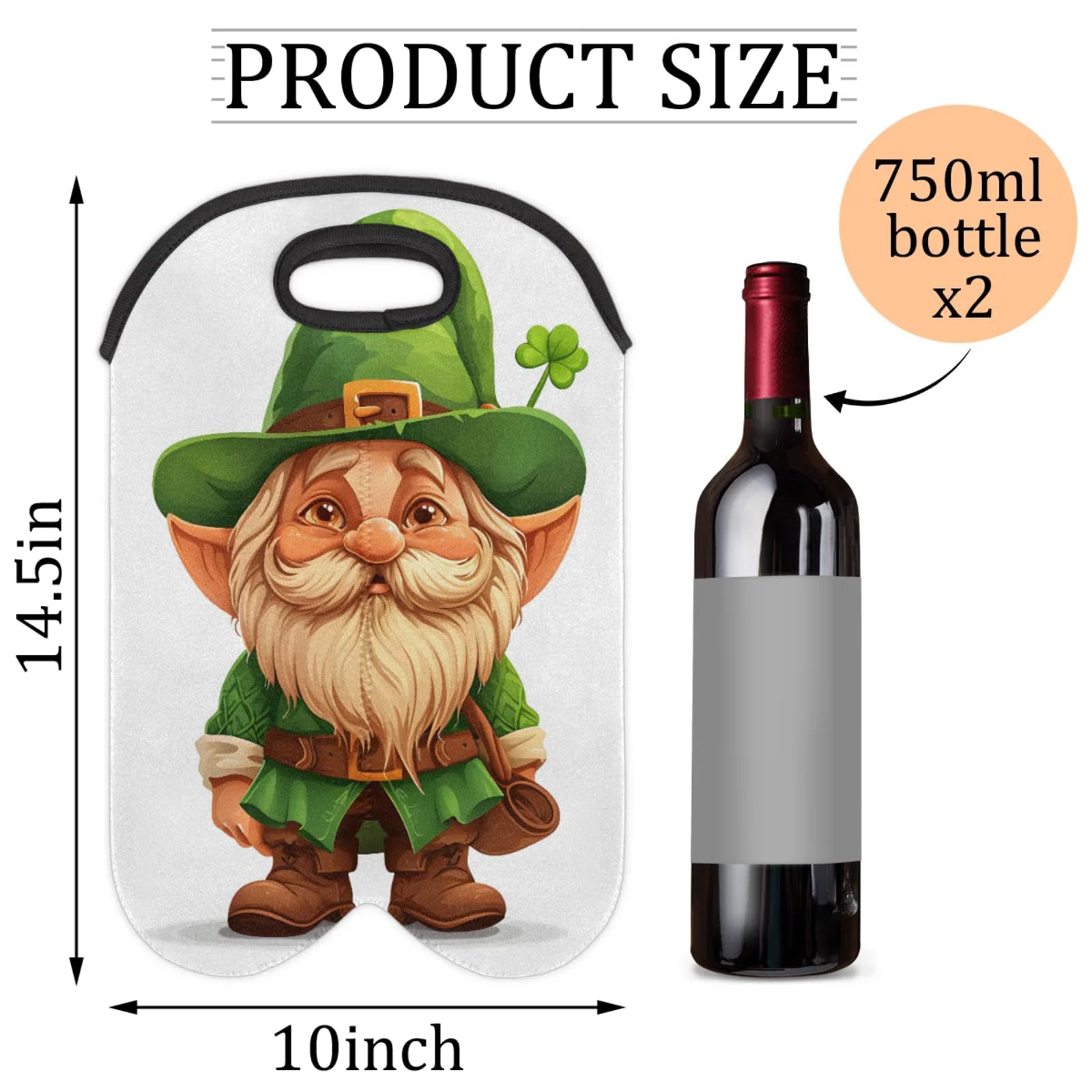 2 Bottles Elves Gnome Wine Bag Sleeve Totes St. Patrick's day Neoprene Protective Wine Carrier Bag for Wine,Water, Champagne, Beer, Baby Bottles,Gift 14.5 x 10 Inches