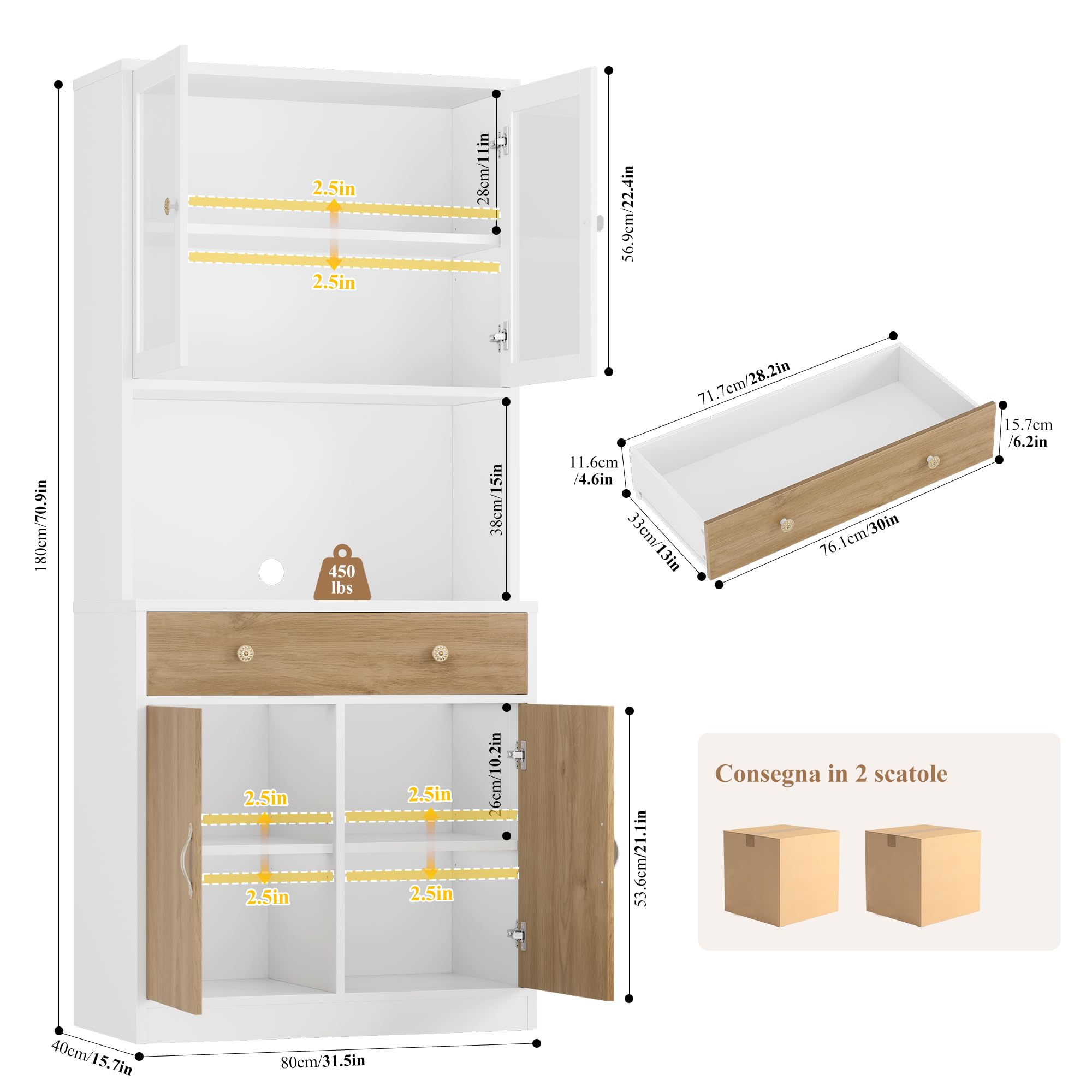 HOCSOK Credenza Cucina 180 cm, Alta Dispensa Cucina, Vetrina con Ripiani Regolabili, 2 Porta in Vetro, Microonde con Ripiani Aperti e Cassetti, Mobile Soggiorno