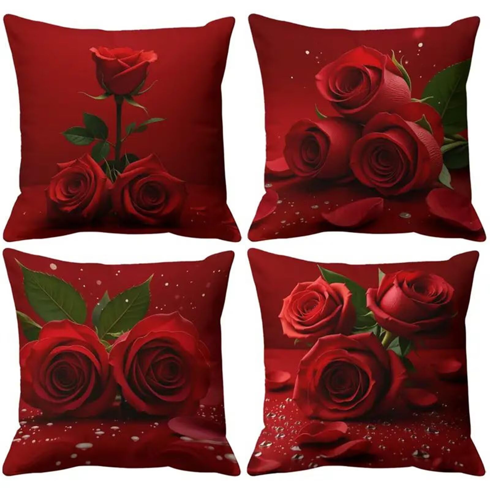QiHon Cushion Covers 60x60 cm Set of 4 Red Roses Linen Square Pillow Cases 24x24 inch Modern Decorative Throw Pillow Covers for Sofa Couch Bedroom Home Office with Invisible Zipper
